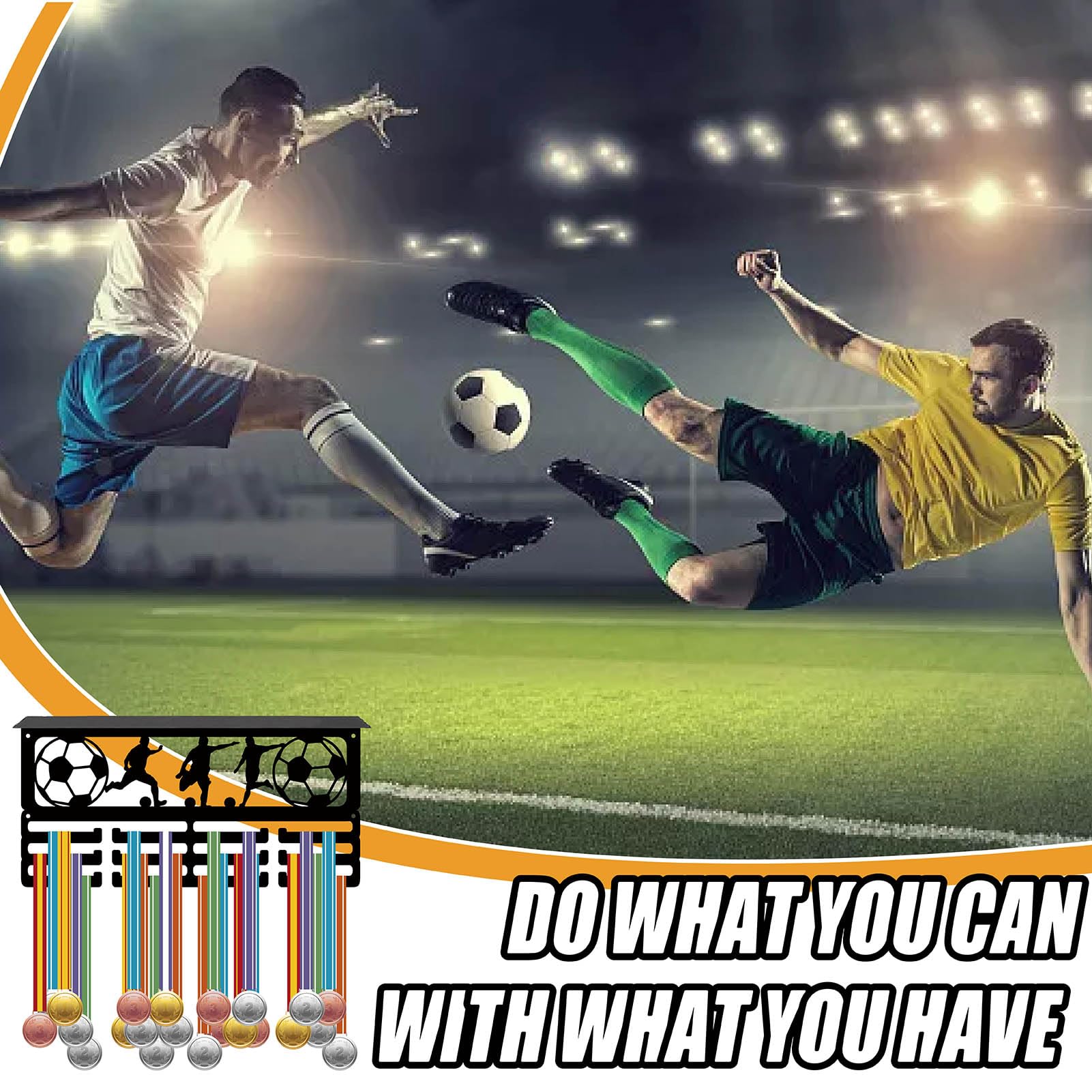 CREATCABIN Espositore per Medaglie di Calcio Scaffale per Trofei con 24 gancio Espositore per Medaglie In Metallo Cornice per Trofei Supporto A Parete Espositore per Nastro per Medaglie 40x20x10cm