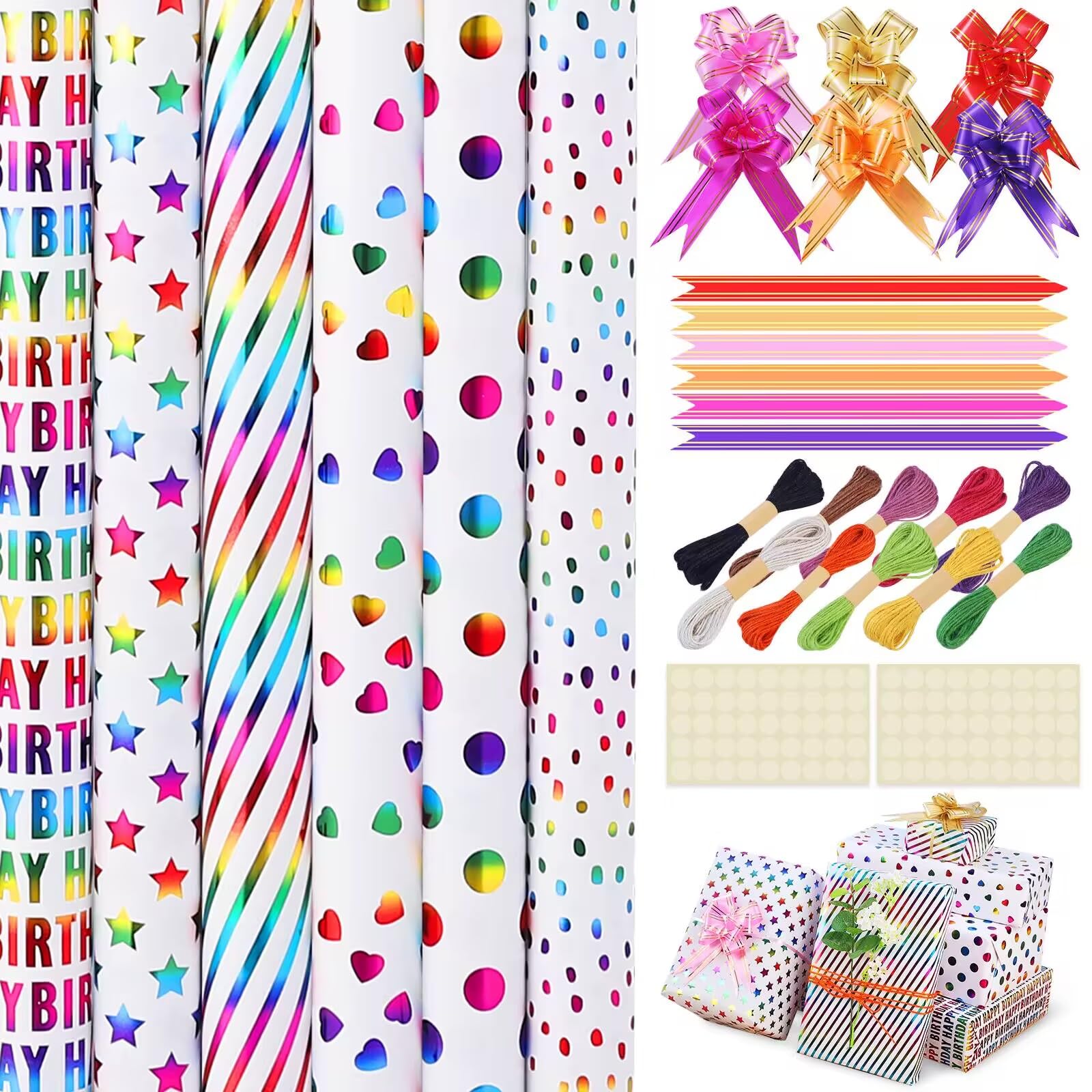 cuskena Geschenkpapier-Set, 6 Rollen – 43,2 x 304,8 cm pro Rolle – verschiedene Designs und Farben, bedrucktes Seidenpapier, Geschenkboxen, buntes Folienpapier (mehrfarbig)