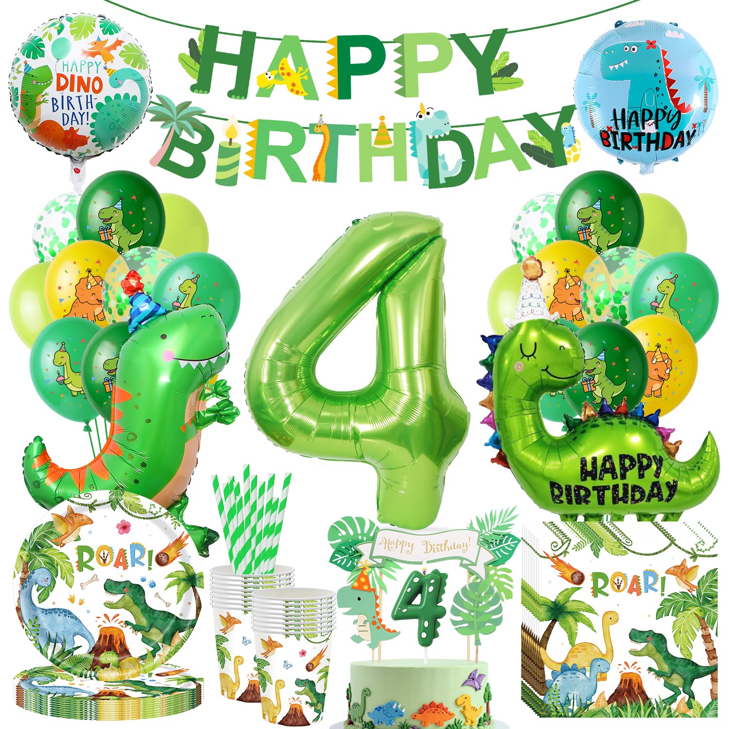 Palloncini Dinosauri Compleanno, Stoviglie per Feste a Tema Dinosauri per Bambini 4 Anni con Palloncini Dinosauro, Candela Numero 4, Decorazione per Torta, Striscione, Tovagliolo, Piatto (16 Ospiti)