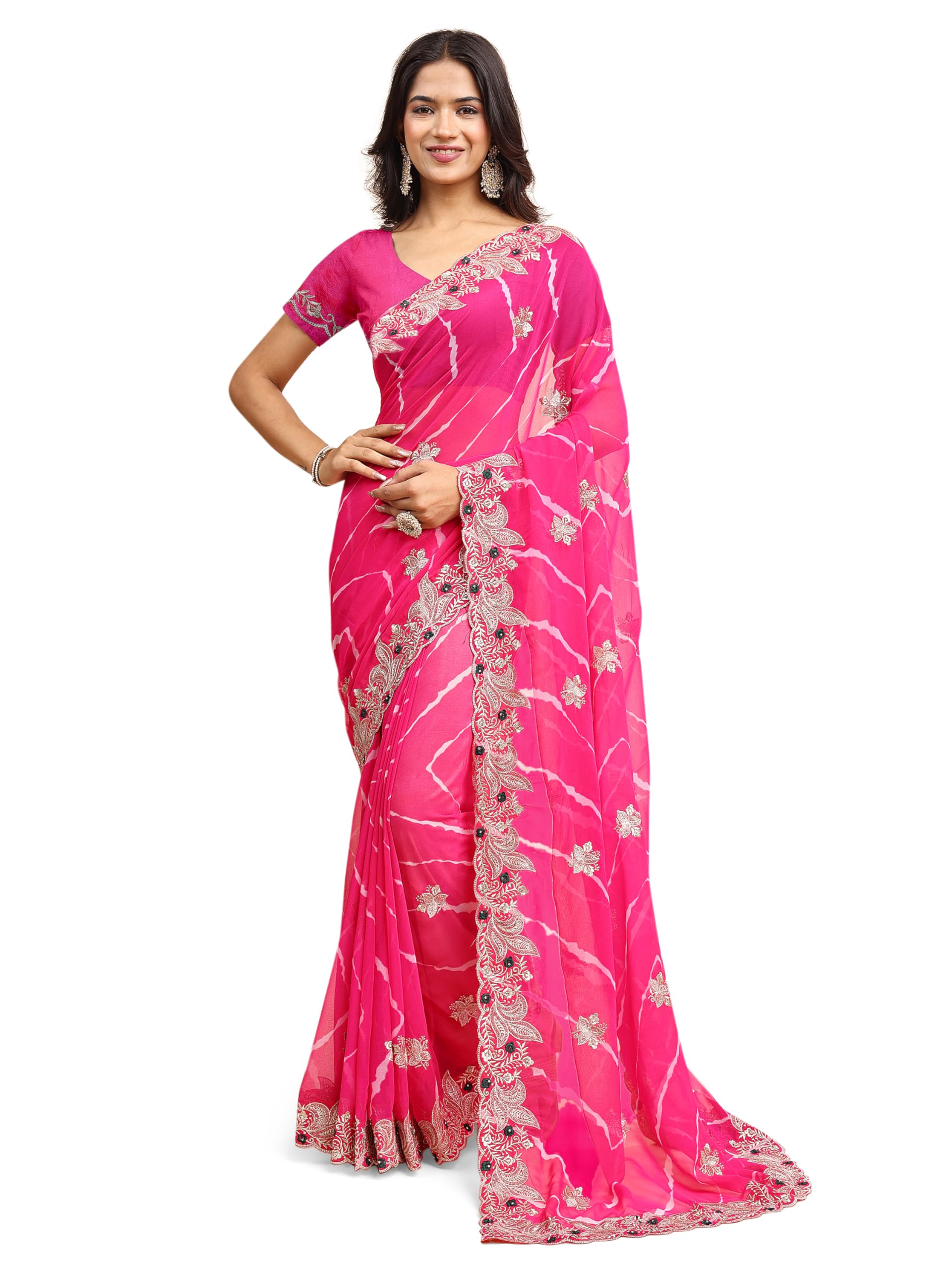 Rajasthani Laheriya Print Saree with Heavy Zari Embroidery & Cutwork Border in Soft C/C Georgette-image-12