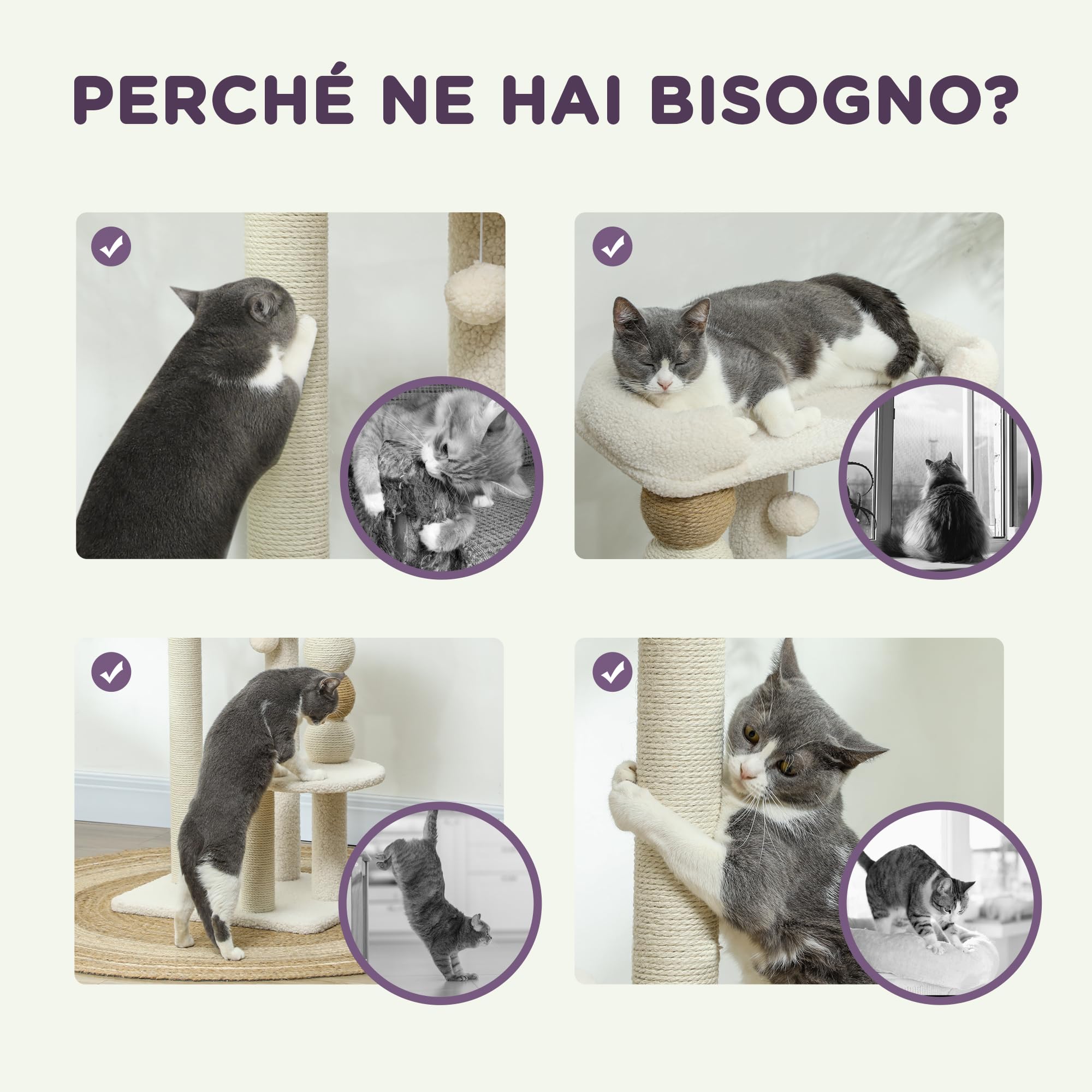 PawHut Albero Tiragraffi per Gatti con Pallina Giocattolo, Piattaforma e Lettino Superiore, Trespolo per Gatti in Legno, Iuta e Peluche, 48.5x40x76 cm, Beige