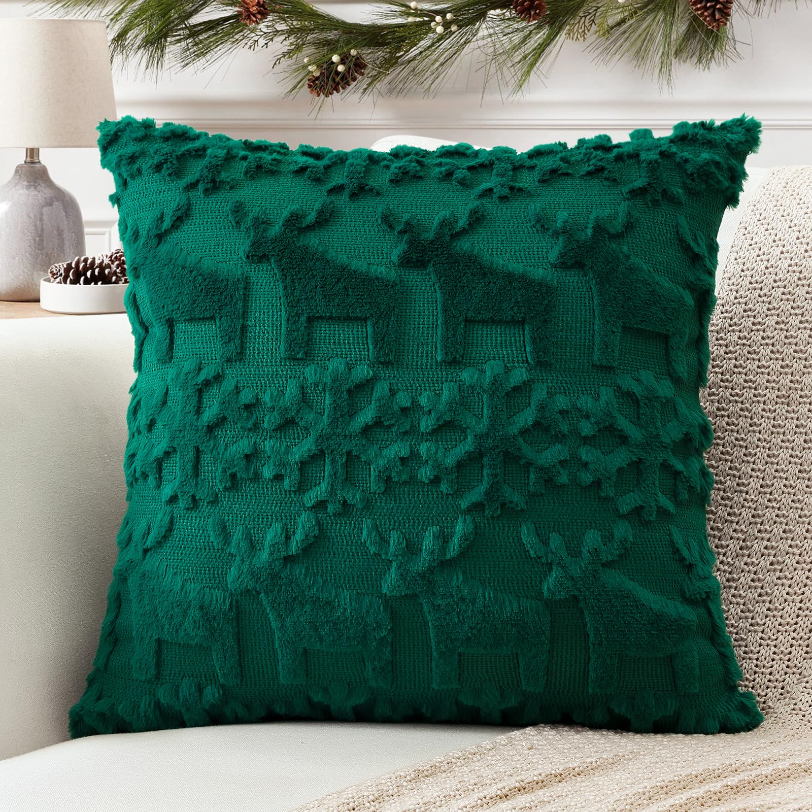 Artscope Set of 1 Xmas Soft Plush Short Wool Velvet Decorative Cushion Covers 55x55cm Square Luxury Style Throw Pillow Covers Pillow Shell for Sofa Bedroom Snowflake and Elk Green