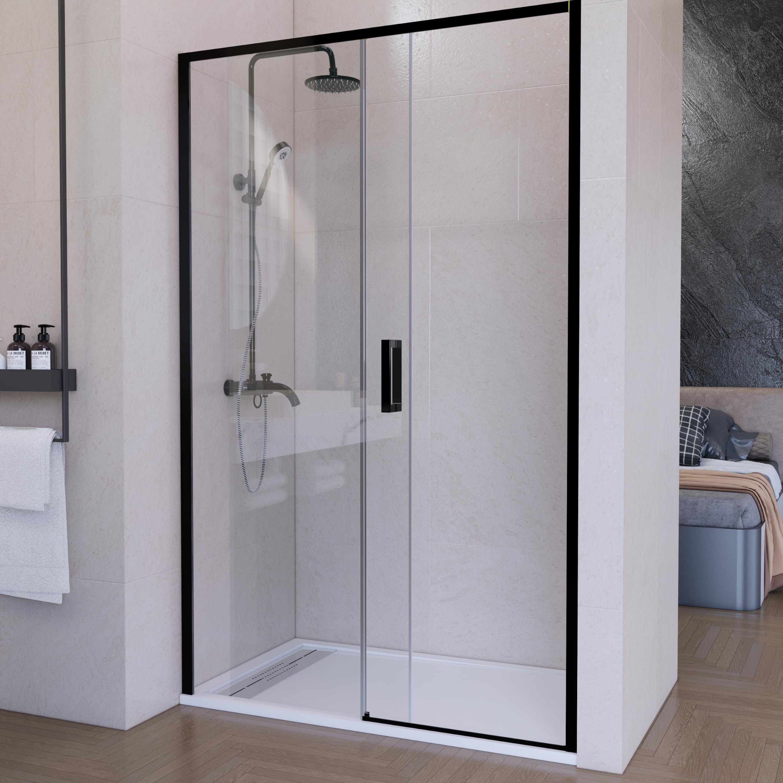 Mampara de ducha frontal corredera 130 cm 1 puerta + 1 fijo Negro mate Cristal transparente 6 mm 195 cm altura