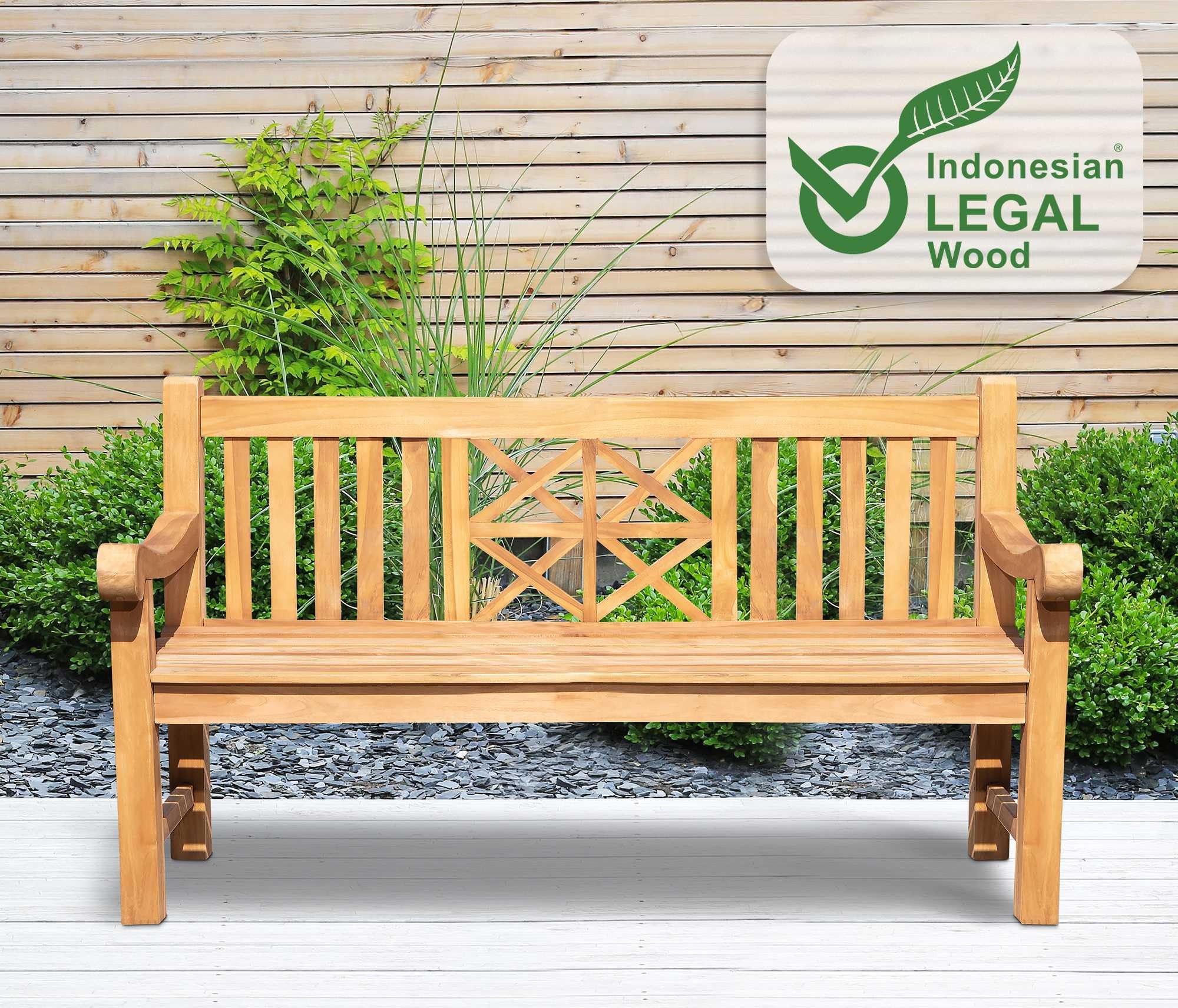 CLP Banc De Jardin en Bois De Teck Florida I Dossier Ajouré I Capacité De Charge 225 Kg I Résistant Aux Intempéries, Couleur:Teck, Taille:150 cm