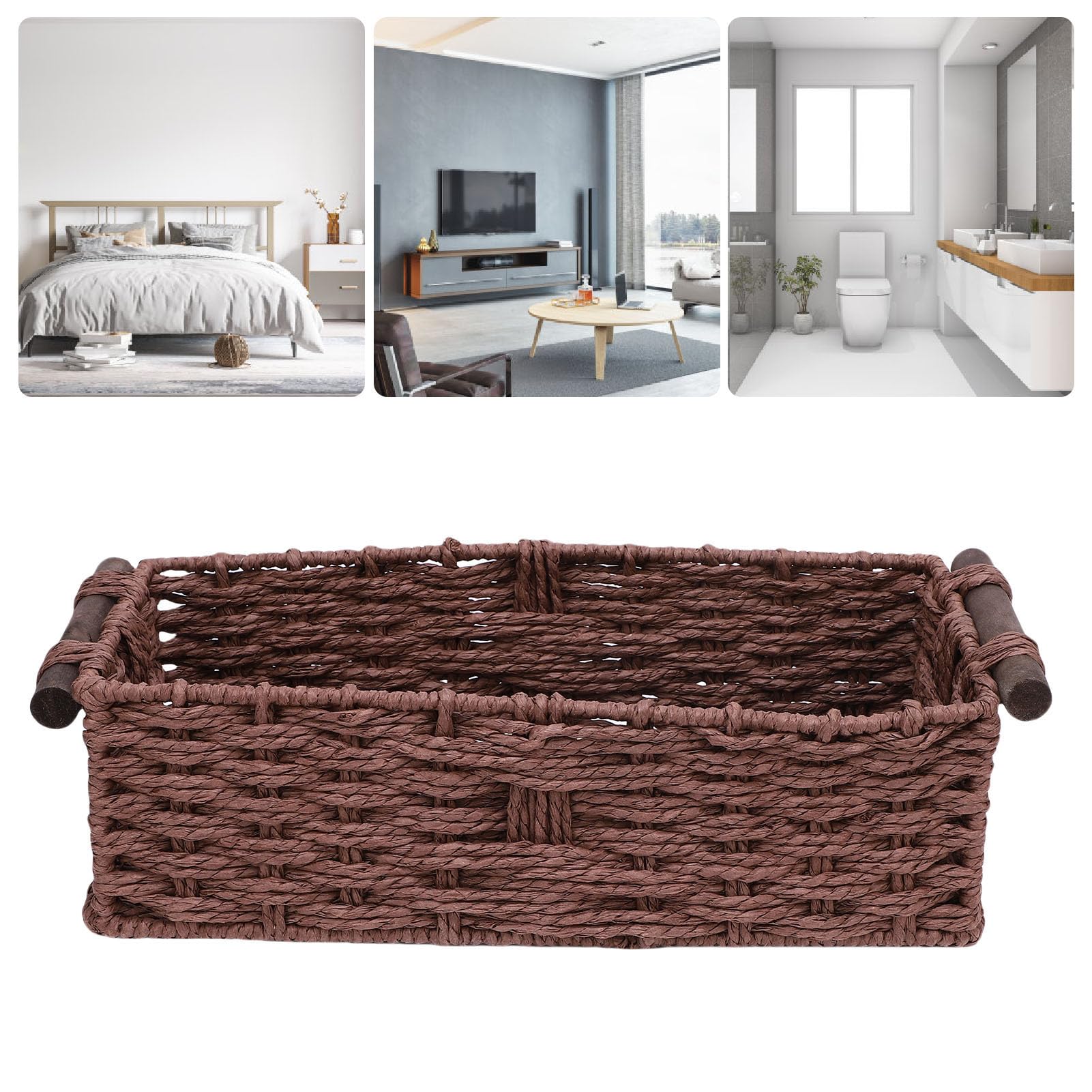 Wakects Cesta de Almacenamiento de Cuerda de Papel, Cesta de Papel Higiénico Tejida Hecha a Mano con Asas de Madera de Pino, Tapa Decorativa para Tanque de Inodoro para Estantes de Baño, (BROWN)