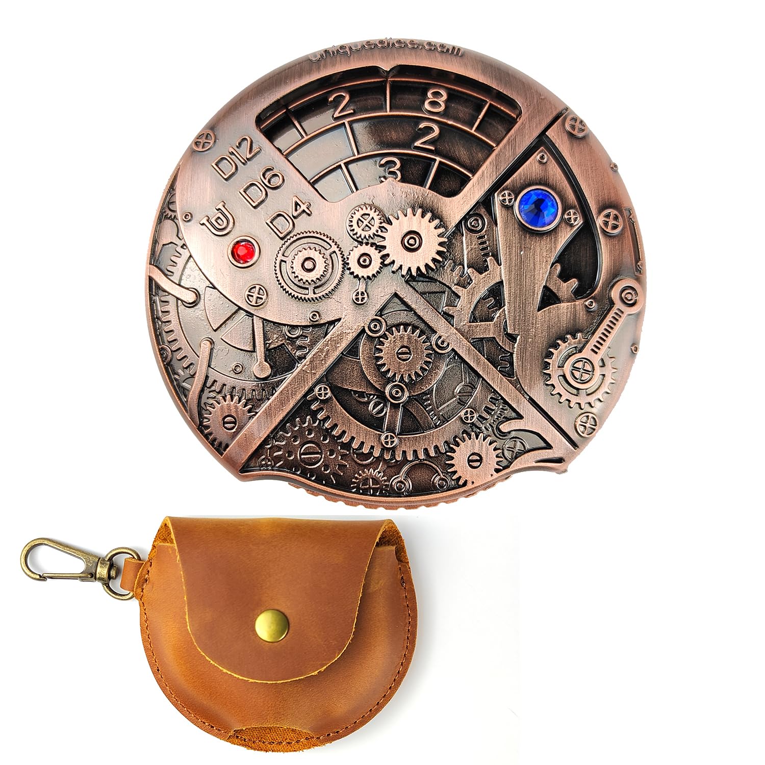 Unique Dice - Roulette Dice 7 en 1 - Dados giratorios DND Spinner de Metal D20, Juego de rol Dungeons and Dragons (Cobre Rojo con Funda de Piel)