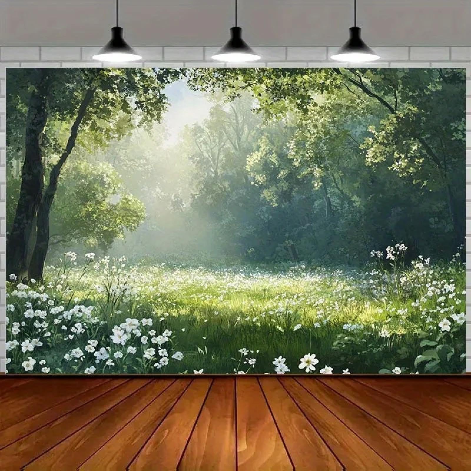 Magiczne tło Słońce Prairie z drzew i białych kwiatów - Self Spotlight