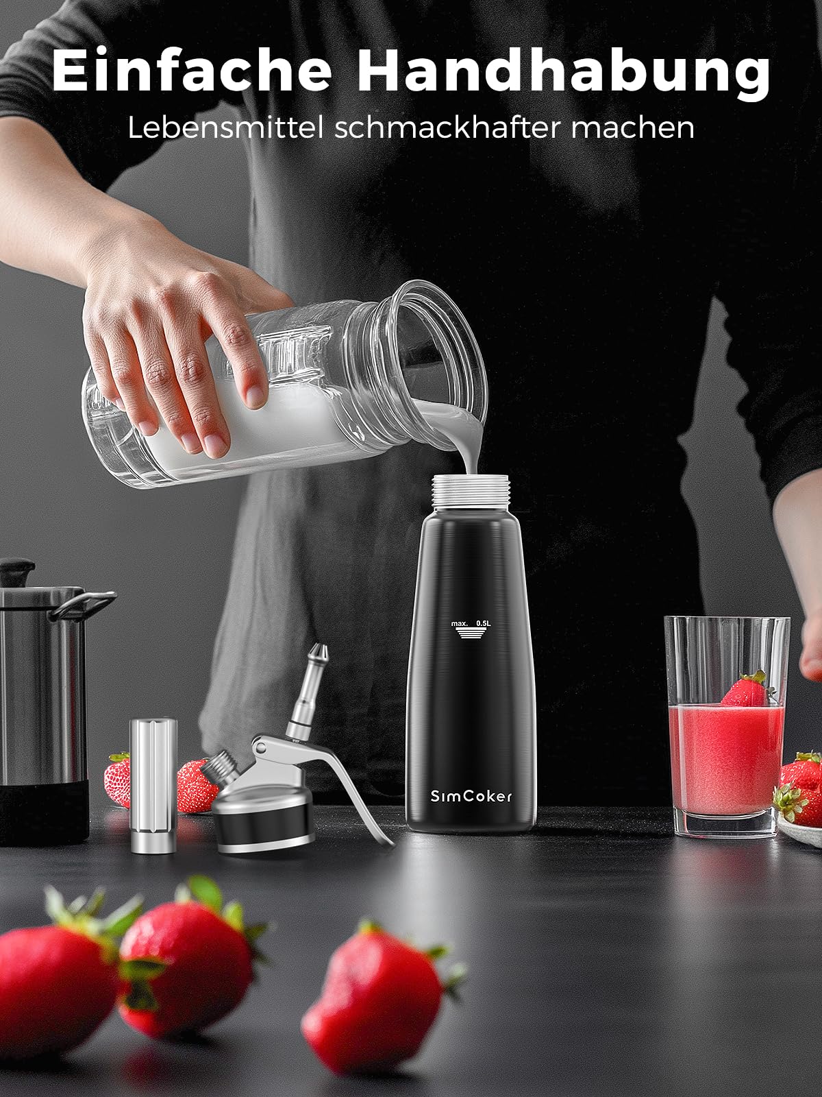 Professioneller Sahnespender aus Aluminium 500ml / 1 Pint, auslaufsicher für Desserts und Kaffee, 3 Dekorationsaufsätze, lebensmittelgeprüft, N2O Kapseln Nicht enthalten