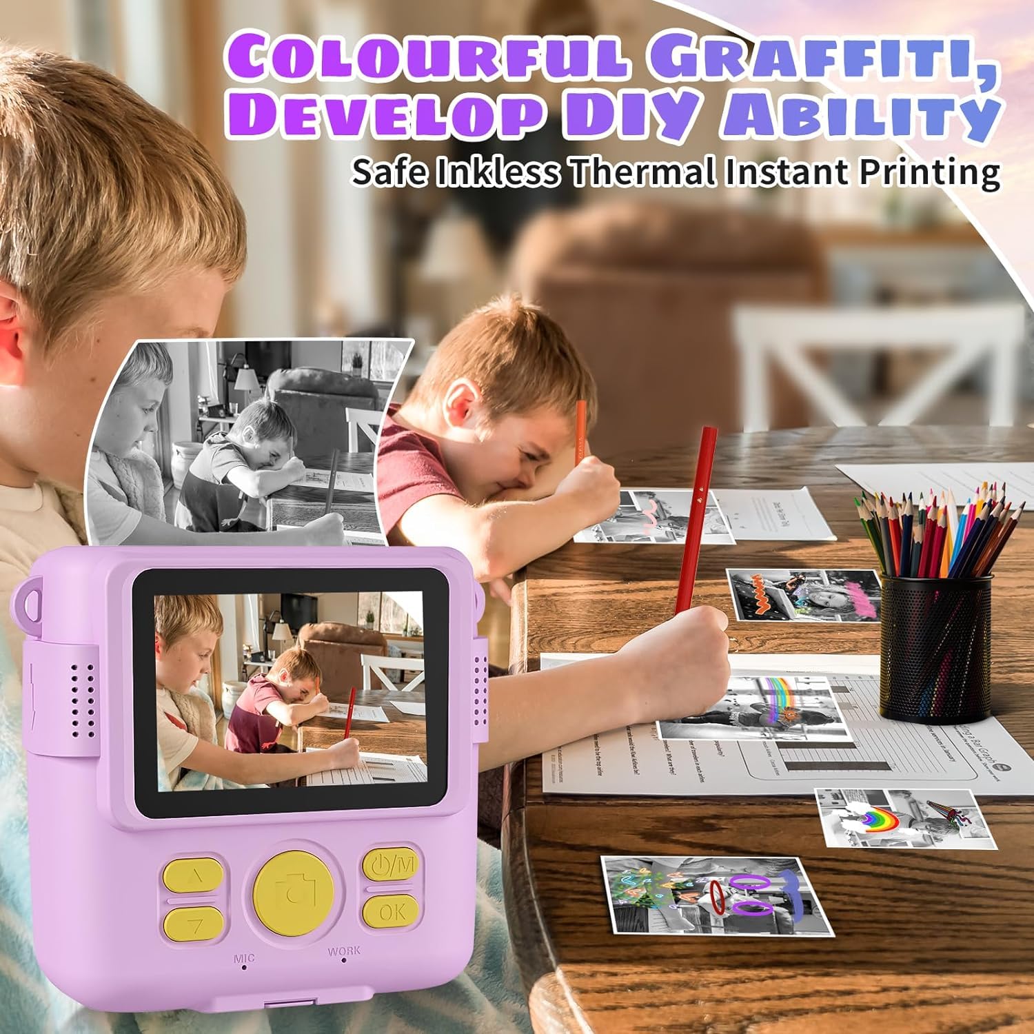 Adofys Instant Print Camera for Kids, Christmas Birthday Gifts for Girls Boys, HD Digital Video Cameras for Toddler, Portable Toy for 4 5 6 7 8 9 10 Year Old with 32GB SD Card-Purple 4