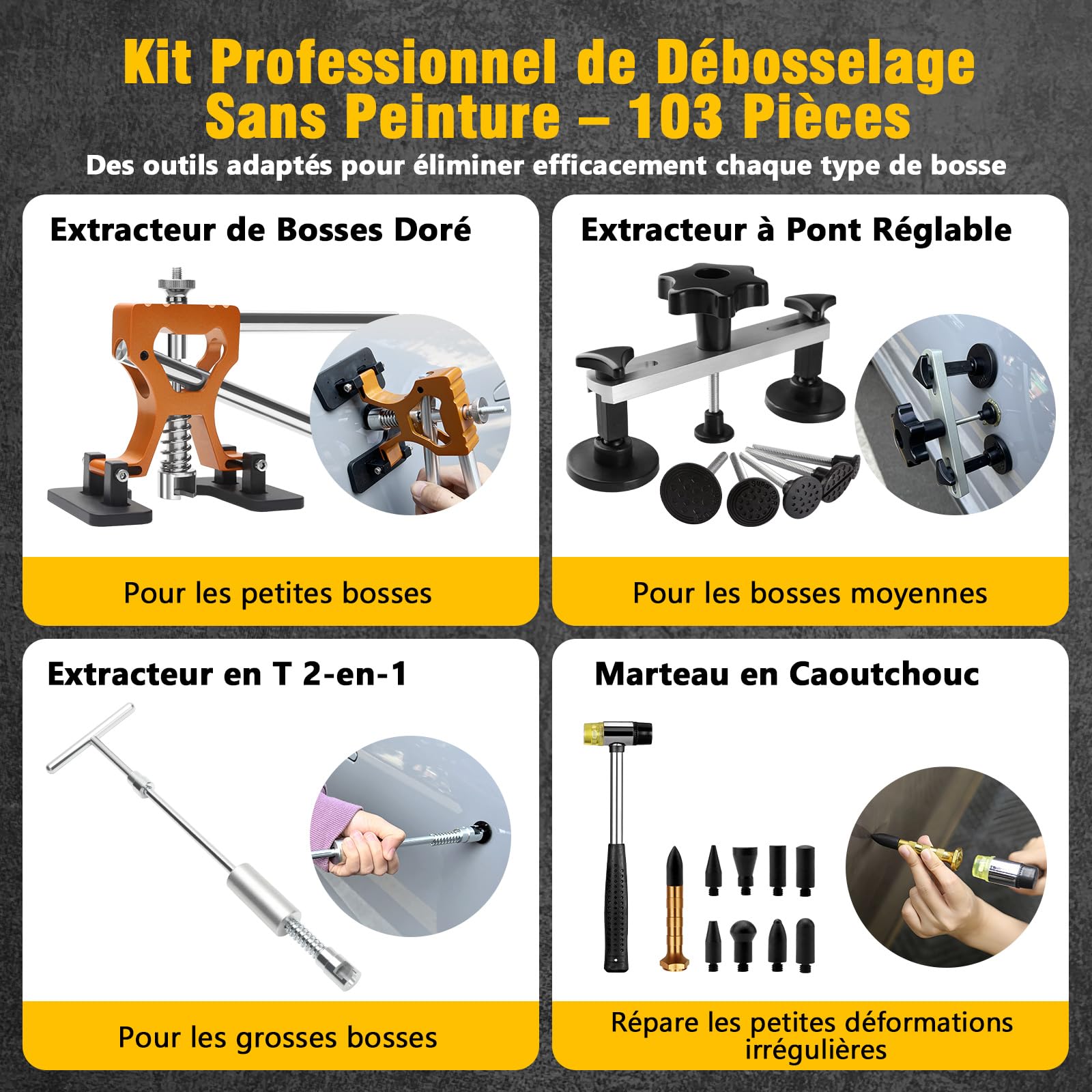 Kit de réparation de Bosses sans Peinture - Kit d'extracteur de Bosses de Voiture avec Marteau Coulissant, Barre en T, extracteur de Pont, Ventouse, extracteur de Colle et Pistolet - Outil