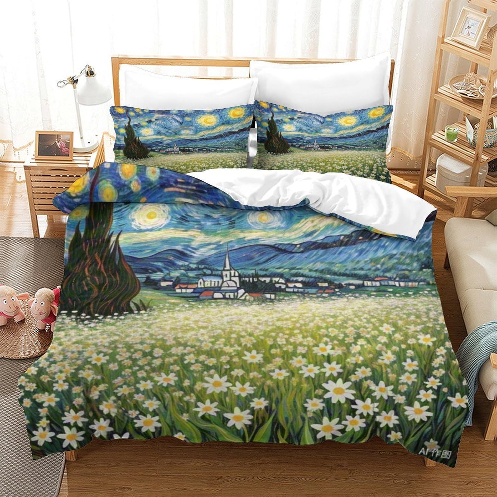 Housse couette gypsophila 3D anti-glisse avec fermeture éclair cachée