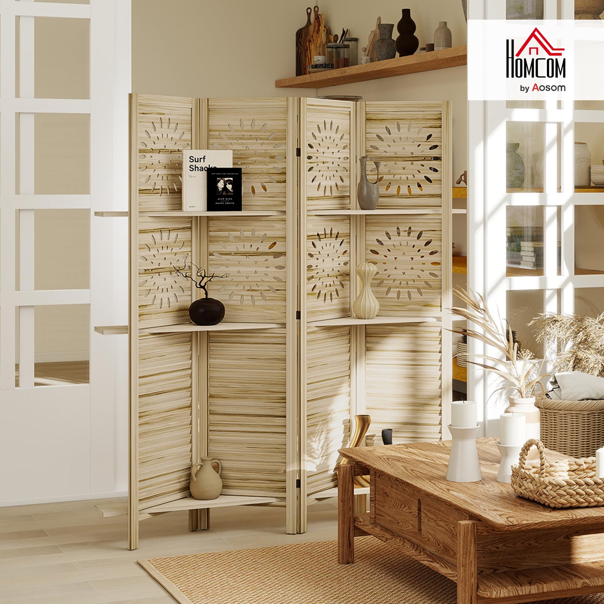 HOMCOM Paravent intérieur 4 Panneaux et 3 étagères, 160 x 170 cm, séparateur de pièce Pliable en Bois de Paulownia, cloison de séparation pour Salon, Chambre à Coucher, Maison, Bois Naturel