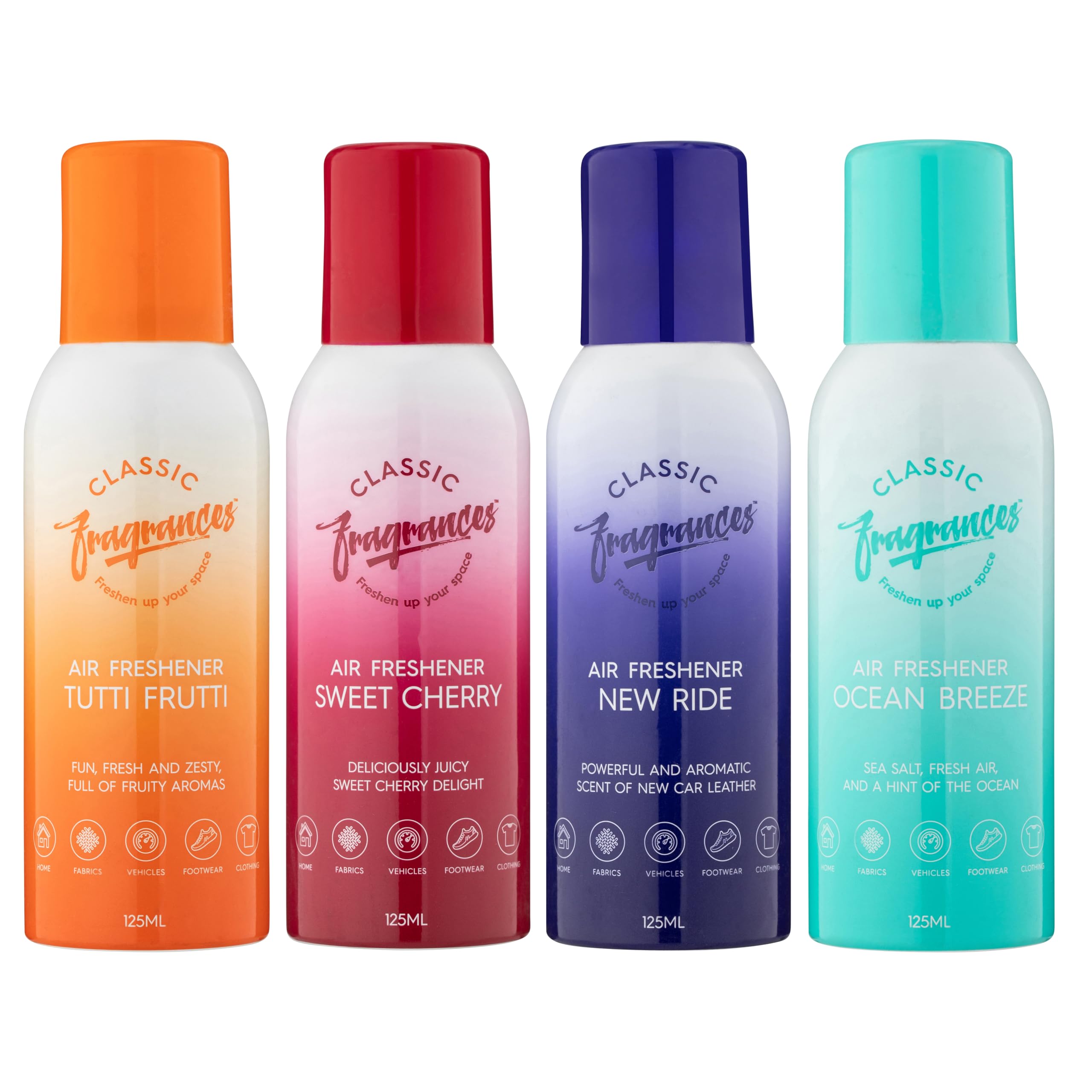 Classic Fragrances 4 Pack Assorted Aromas Bundle - Air Freshener Spray - For Home, Vehicles, Clothes, Fabrics – Long Lasting Smell, Portable Spray Can – Deodorise & Neutralise Odours – 125ml
