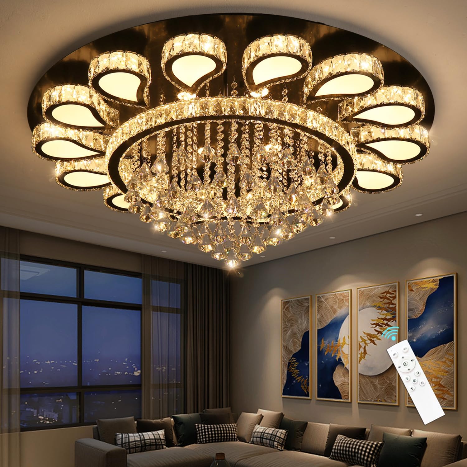 HAIXIANG Glam Crystal Chandelier for Living Room Dining Room Lights Sloped Ceiling Light Fixtures Luxury Modern Remote Dimmbale Lighting Black 40 Inches