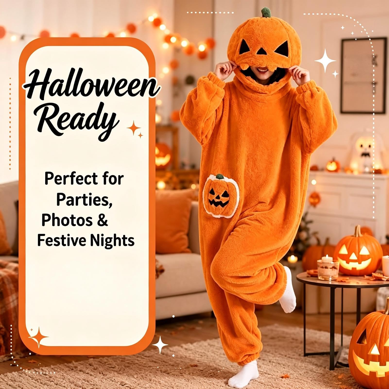 Generico Pigiama Intero Zucca Halloween in Peluche con Cappuccio Oversize | Goditi il ​​massimo comfort e uno stile festoso con questa tutina in peluche a forma di zucca, perfetta per Halloween