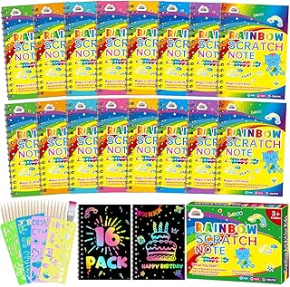 ZMLM 16 Pack Scratch Paper Art-Craft Notebooks: Rainbow Party Favors Bulk Scratch Note Pad for Kids Age 3-12 Black Art Supplies Girl Boy Birthday Gift Classroom(20 Wooden Stylus & 4 Drawing Stencils)