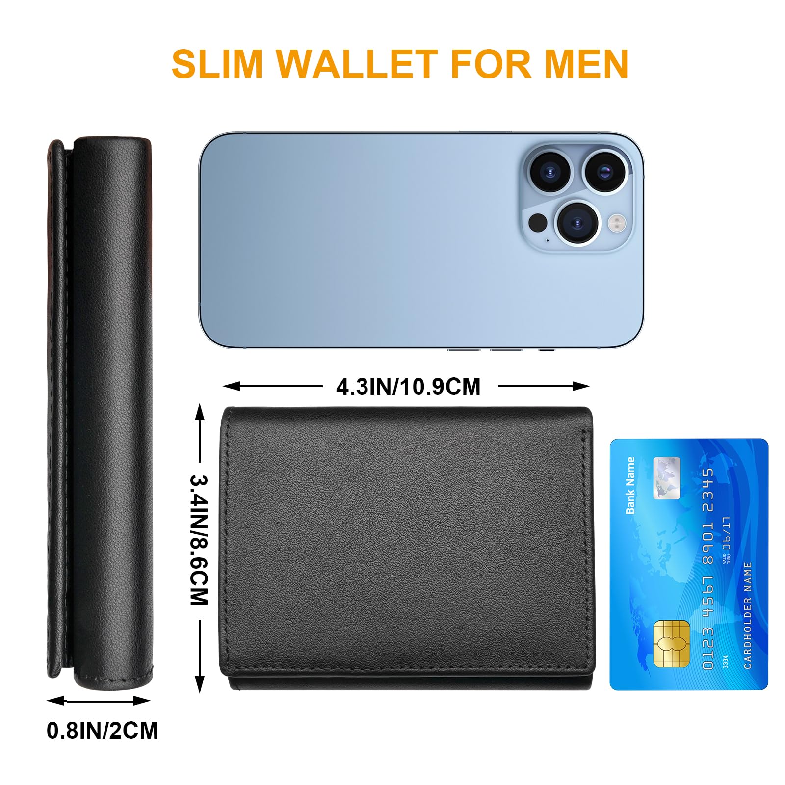 Billetera triple de cuero genuino para hombres, con bloqueo RFID para hombre, carteras con ventana de identificación, Negro -, Cartera triple de cuero genuino para hombre 5