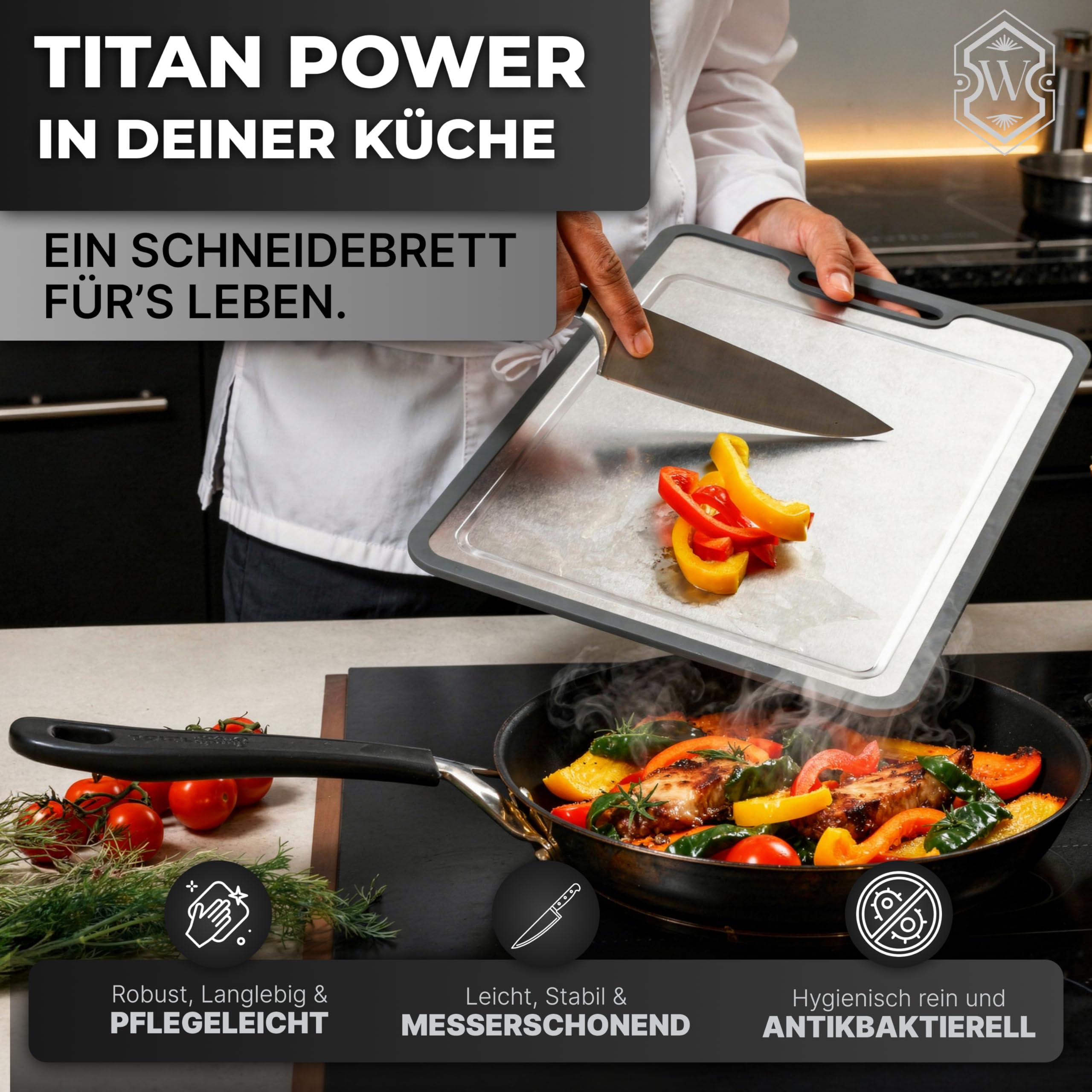 Titan Schneidebrett SET (2 Stück) – 100% Titan, rutschfeste Silikonkante, antibakteriell, kein Mikroplastik - Lebensmittelechte Küchenbretter 36 × 25cm & 29 × 20cm – Langlebig & hygienisch
