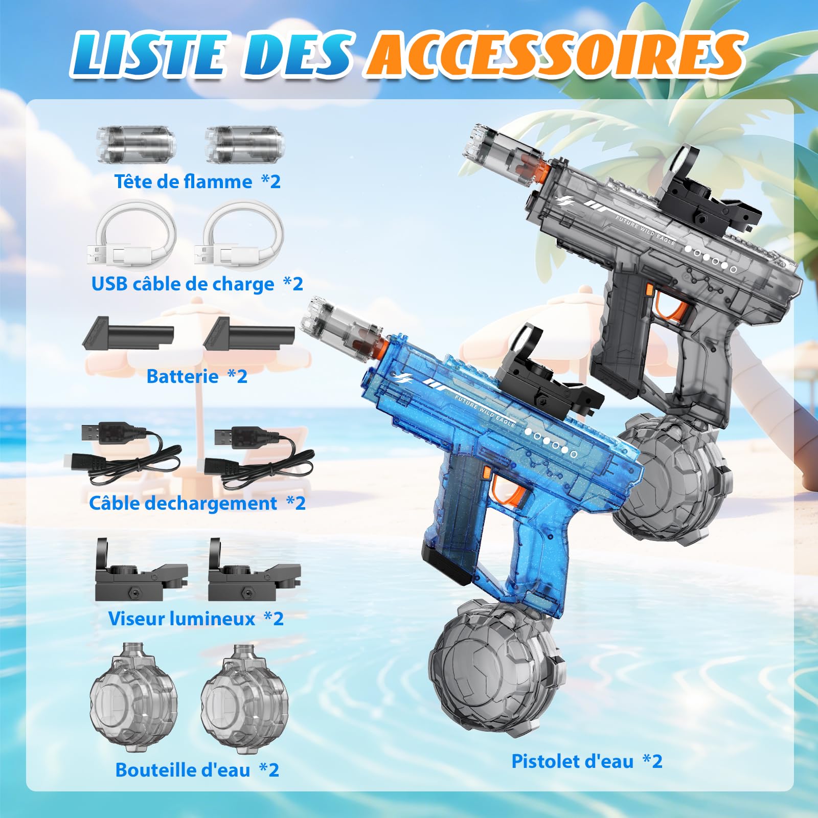 Pistolet à Eau éLectrique, Pistolet à Eau Automatique avec Lampe LED, Jusqu'à 10 M De Portée, 800 ML Bouteille d'eau, Cadeaux pour Enfants et Adultes, Fête Extérieure Piscine Plage (Noir et Bleu)