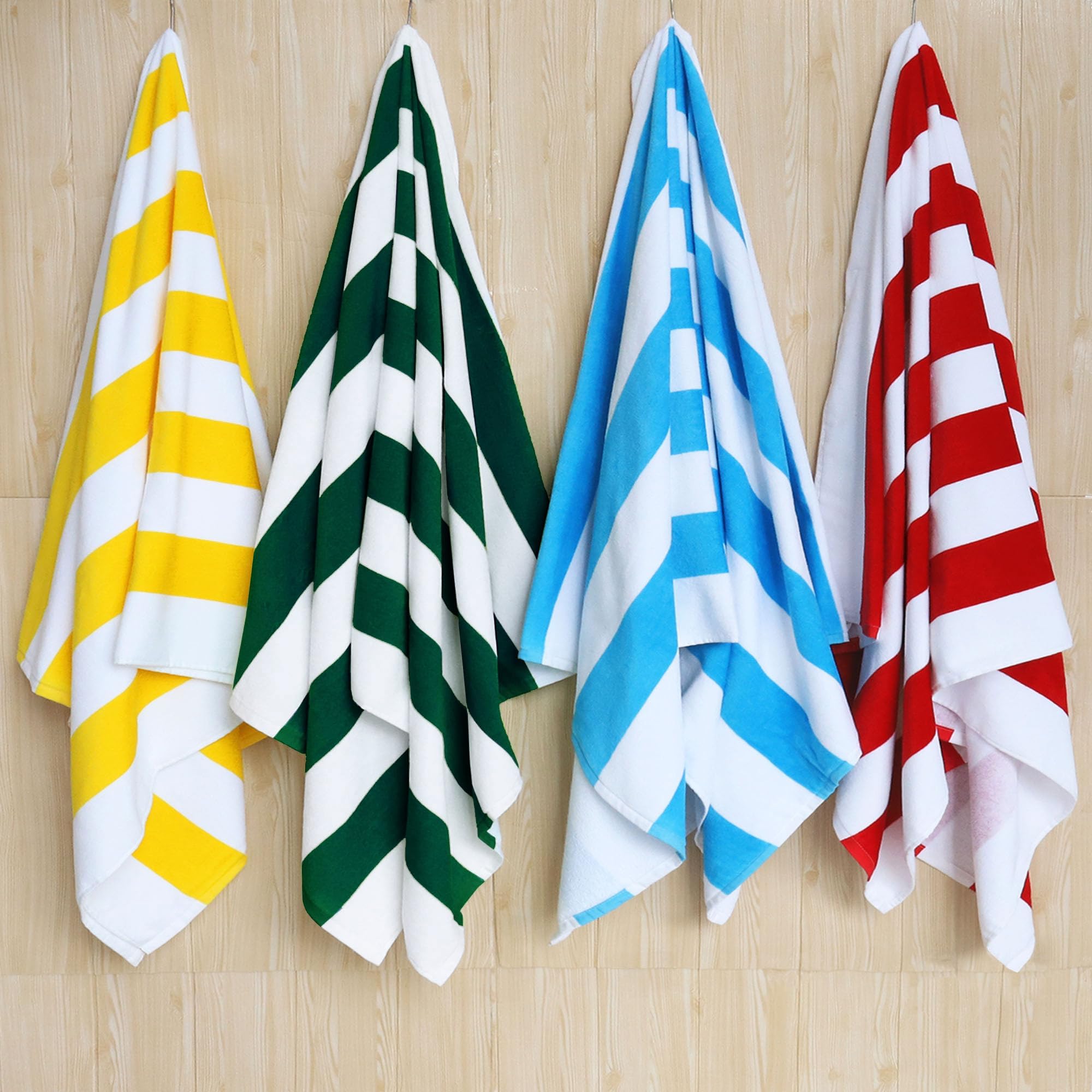 4er-Set Strandtuch 180x90 cm Große Strandtücher aus Baumwolle, Weiche und Saugfähige Badetuch Pooltuch Duschtuch mit Streifenmuster, Blau,Grün,Rot,Gelb