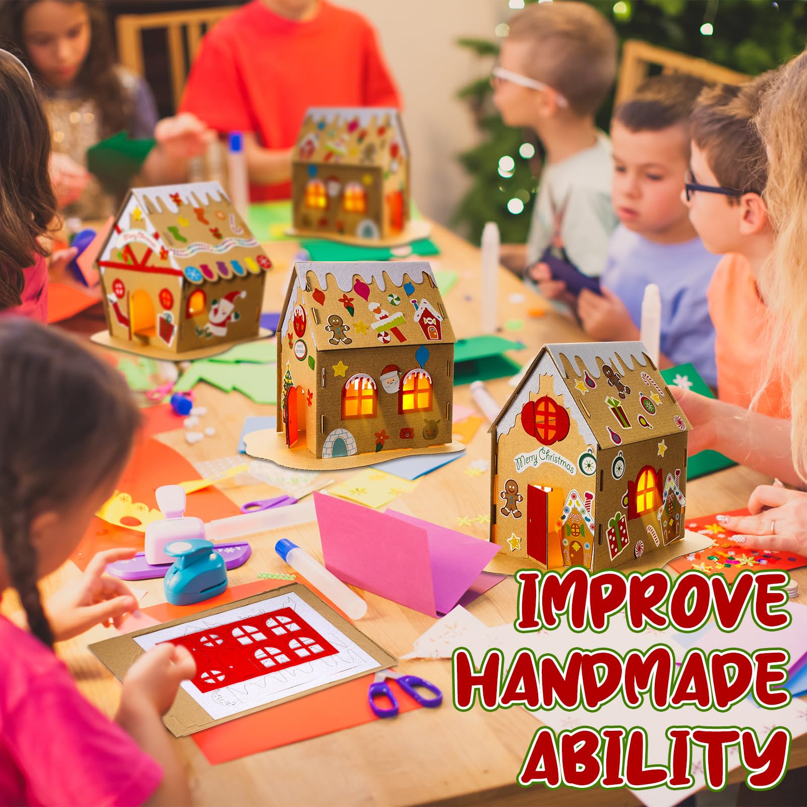 Yunsailing 24 Set Large Christmas Gingerbread House Kits Cardboard Gingerbread Man House Bulk Craft with LED Candle for Boys and Girls Make Ginger Bread House Holiday Crafts DIY for Xmas Party Decor