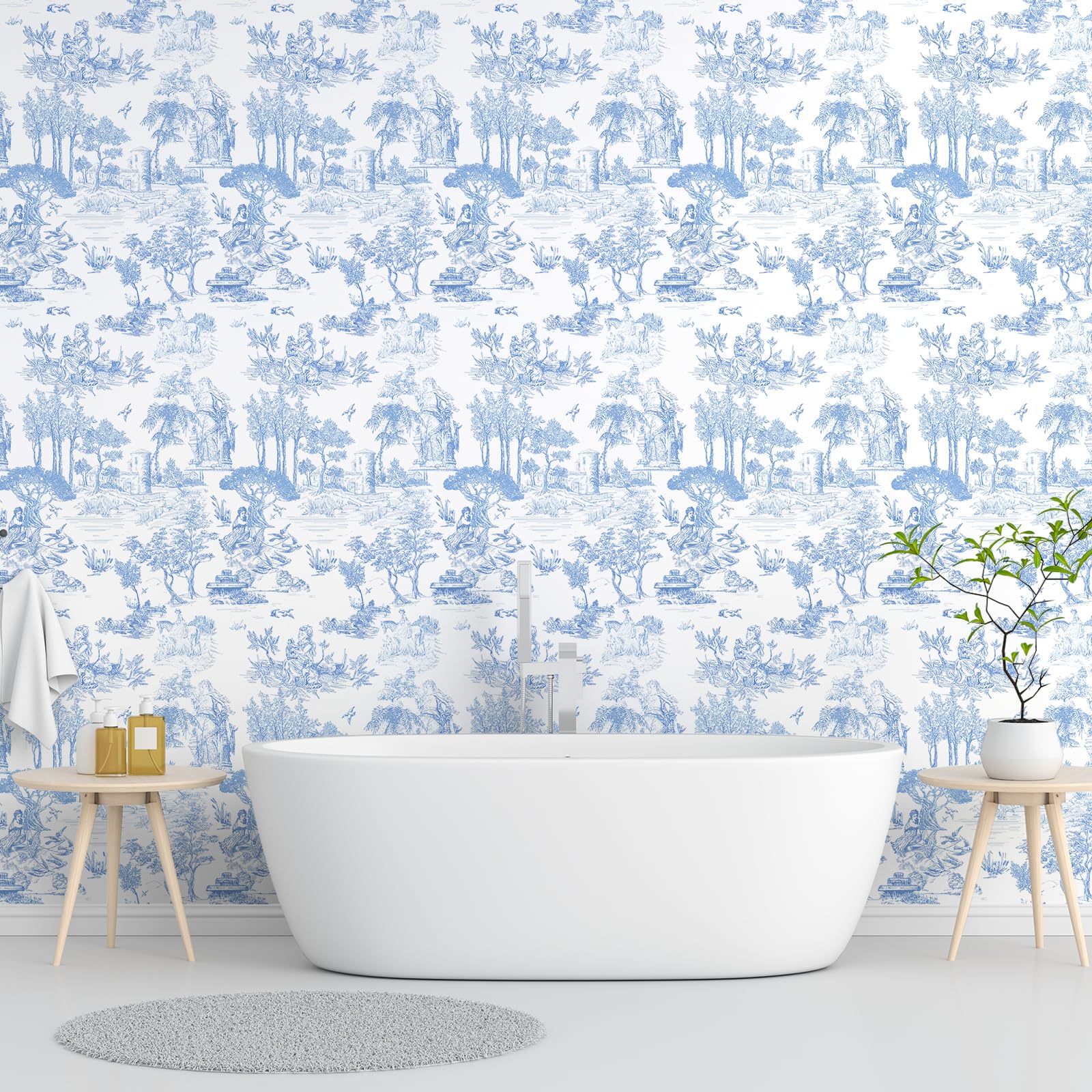 WENMER Toile Wallpaper, 17.7" X 590" Pink and White Peel and Stick Wall Paper, Toile de Jouy Wallpaper, French Vintage Contact Paper for Bedroom, Walls, Backdrop, Cabinet, Home Decor: 17.7" x 394" Blue