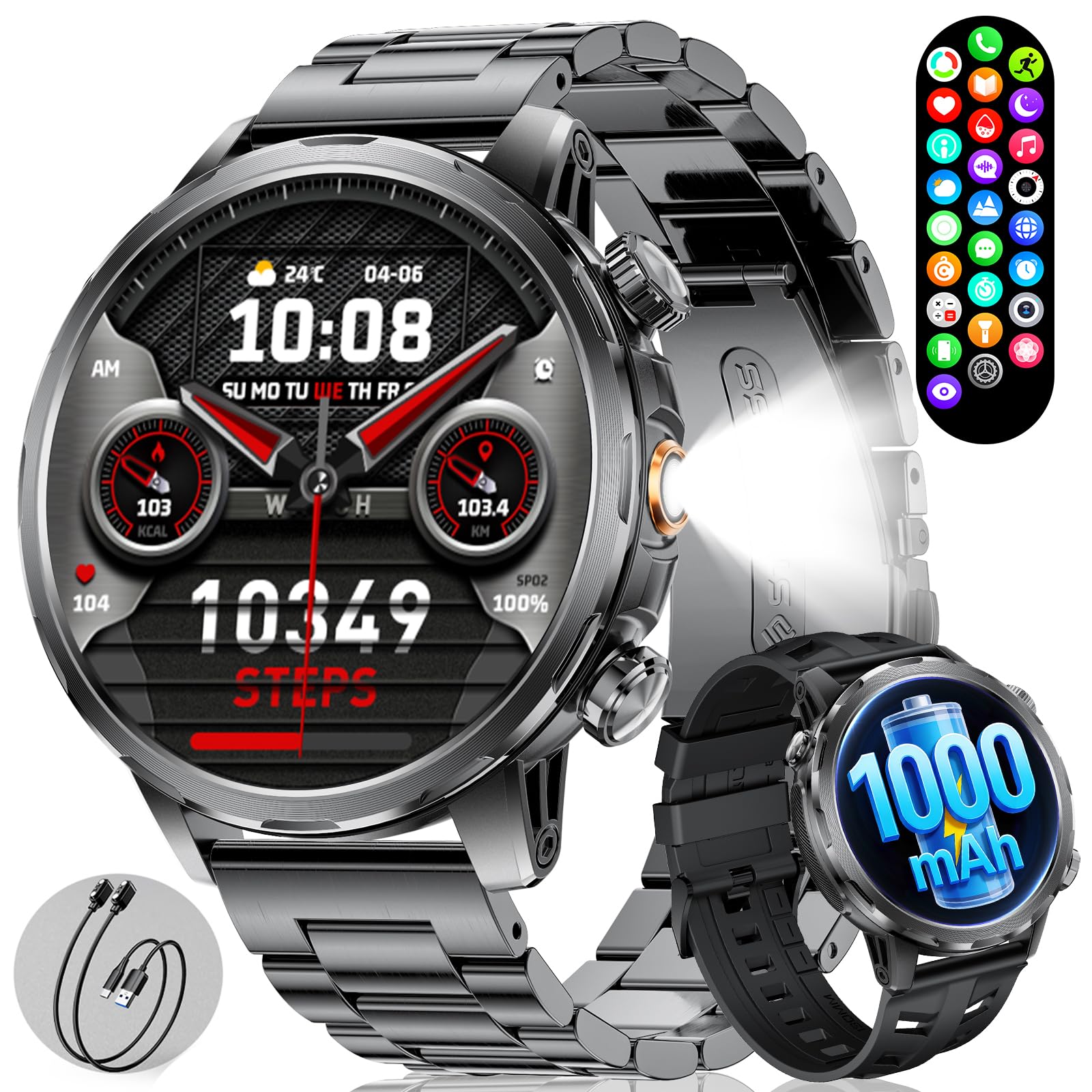 BENYAR Smartwatch Uomo Militare con 1000mAh/Torcia LED/Due Cavi,1,7" Orologio Smartwatch Fitness con Chiamate/IP68 Impermeabile/100+ Sportive/Cardiofrequenzimetro/Sonno/Notifiche Messaggi Android iOS