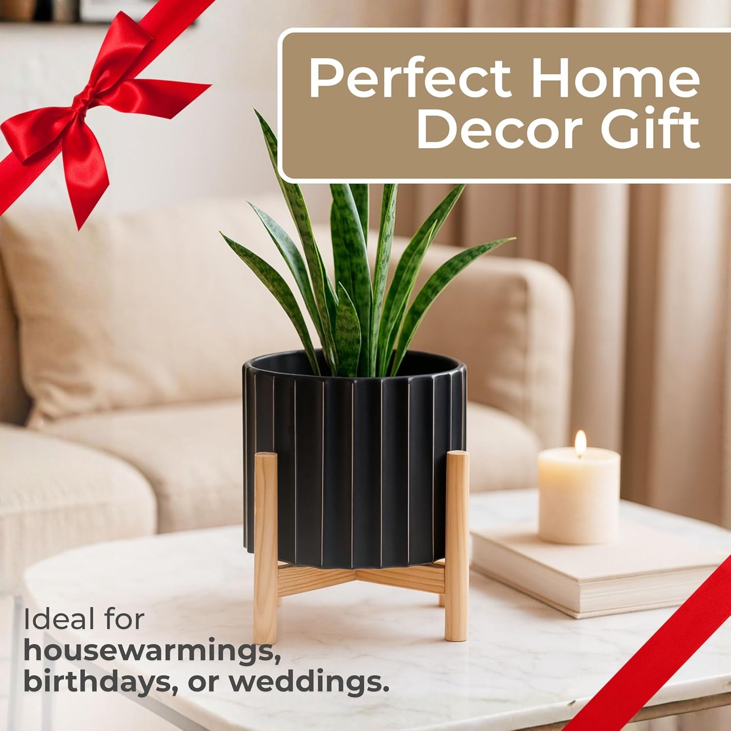 Ceramic Planter with Pine Wood Stand – Plant Pot – Durable Stoneware Planter for Indoor Outdoor Use – Modern Minimalist Plant Holder for Home Decor, Living Room, Garden, Balcony – 9", Black Fluted