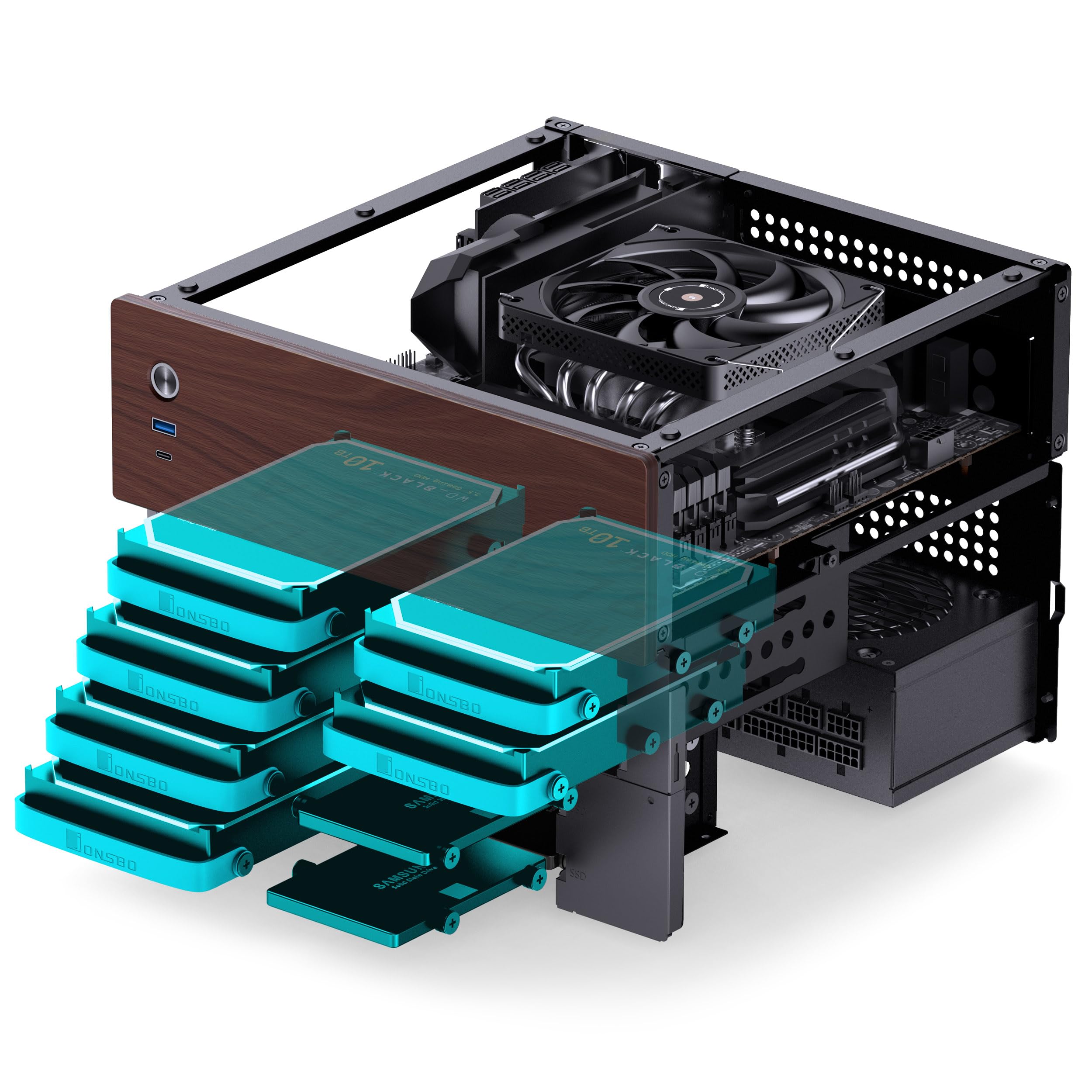 Jonsbo N4 NAS Gehäuse Schwarz – Kompaktes Micro-ATX Case für DIY-NAS, Platz für 6X 3,5" & 2X 2,5" HDDs, 4 Low-Profile-Slots, USB-C & USB-A, Holzdesign