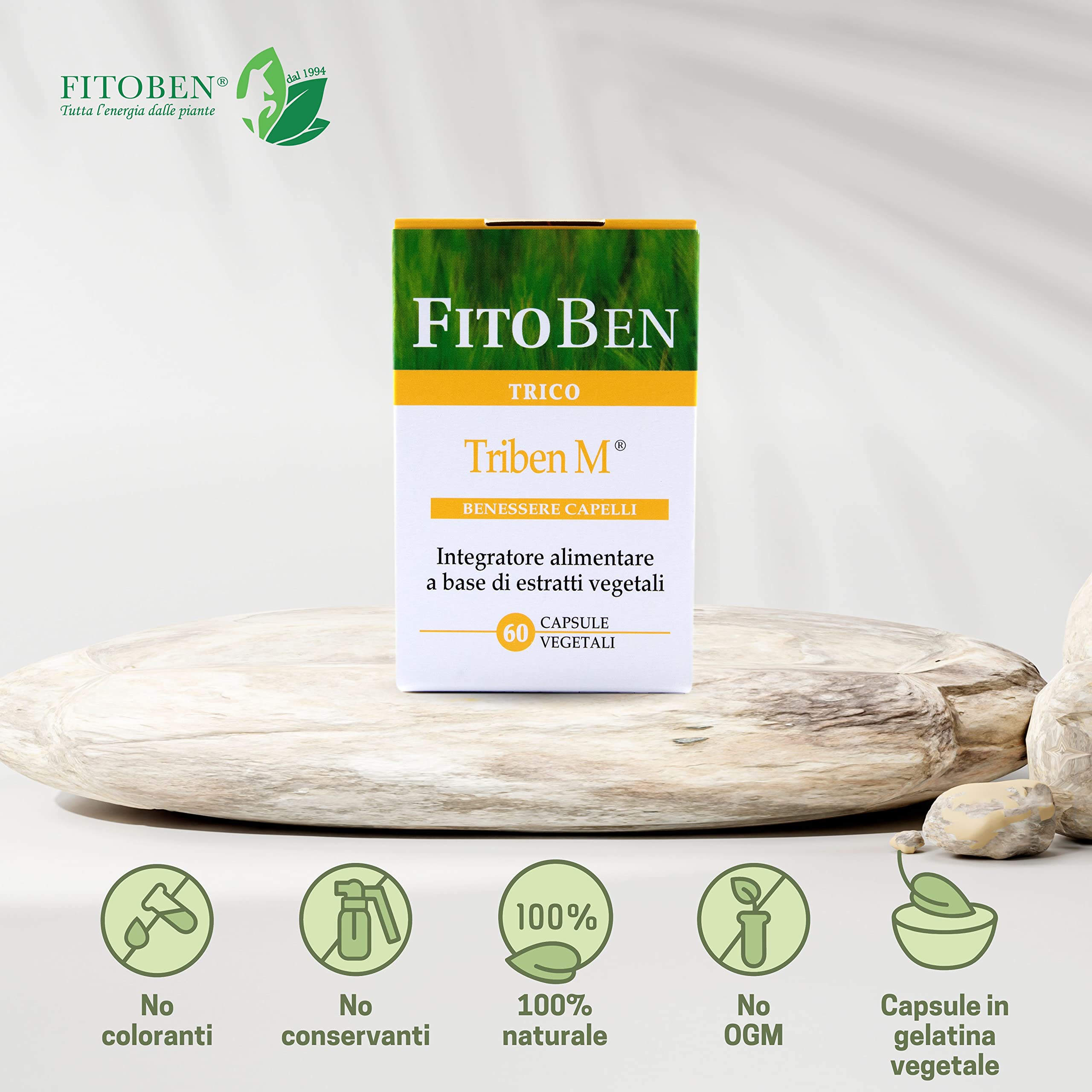 Fitoben | Triben M® Integratore Naturale per Uomo, Previene e Contrasta la Perdita dei Capelli, con Semi di Zucca, Ortica e Serenoa, 60 Capsule vegetali