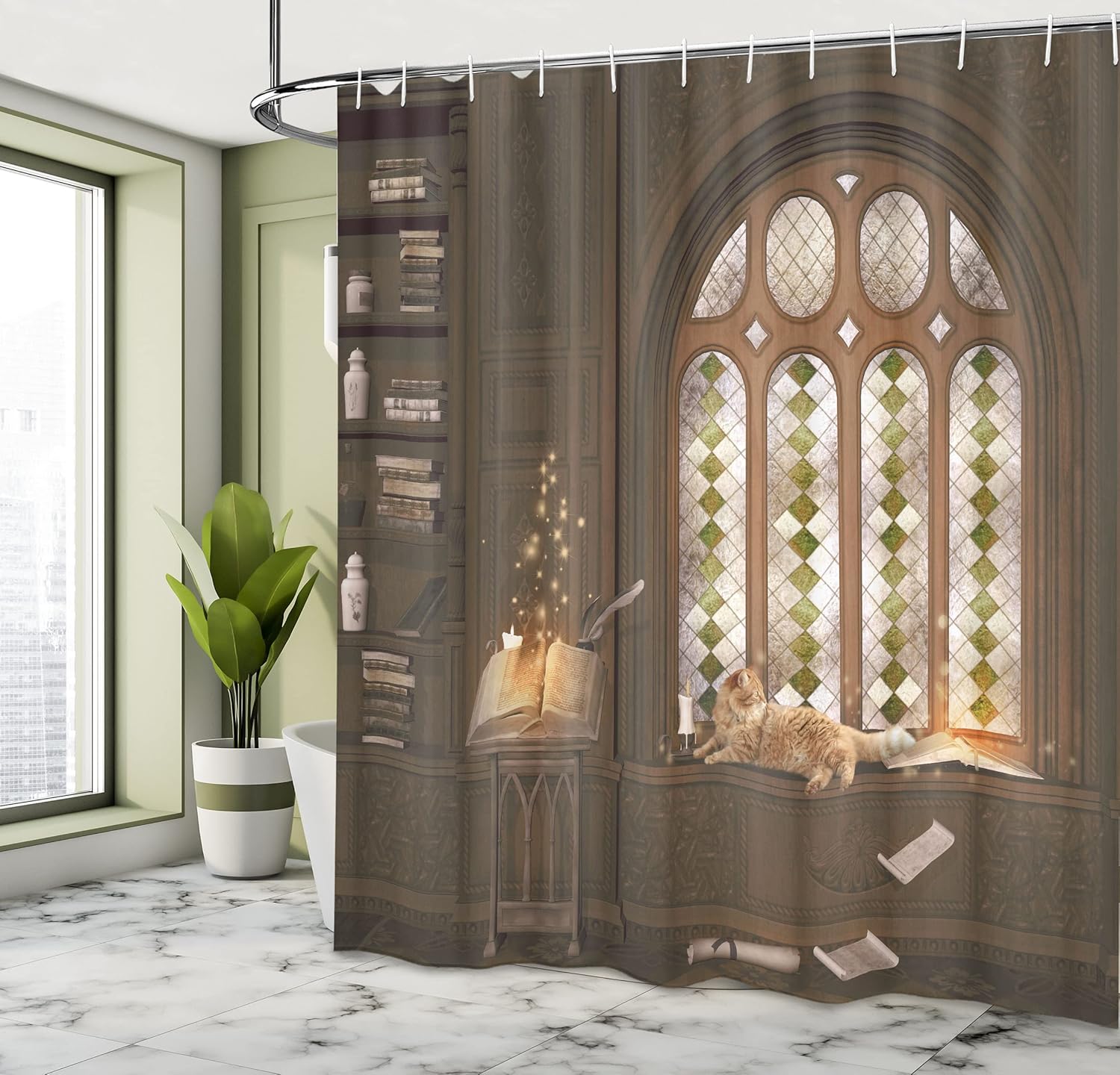 Ambesonne Gothic Shower Curtain, Room for Study in The Medieval Library Cat Sleeping on Window Antique Mansion Print, Cloth Fabric Bathroom Decor Set with Hooks, 69" W x 84" L, Taupe