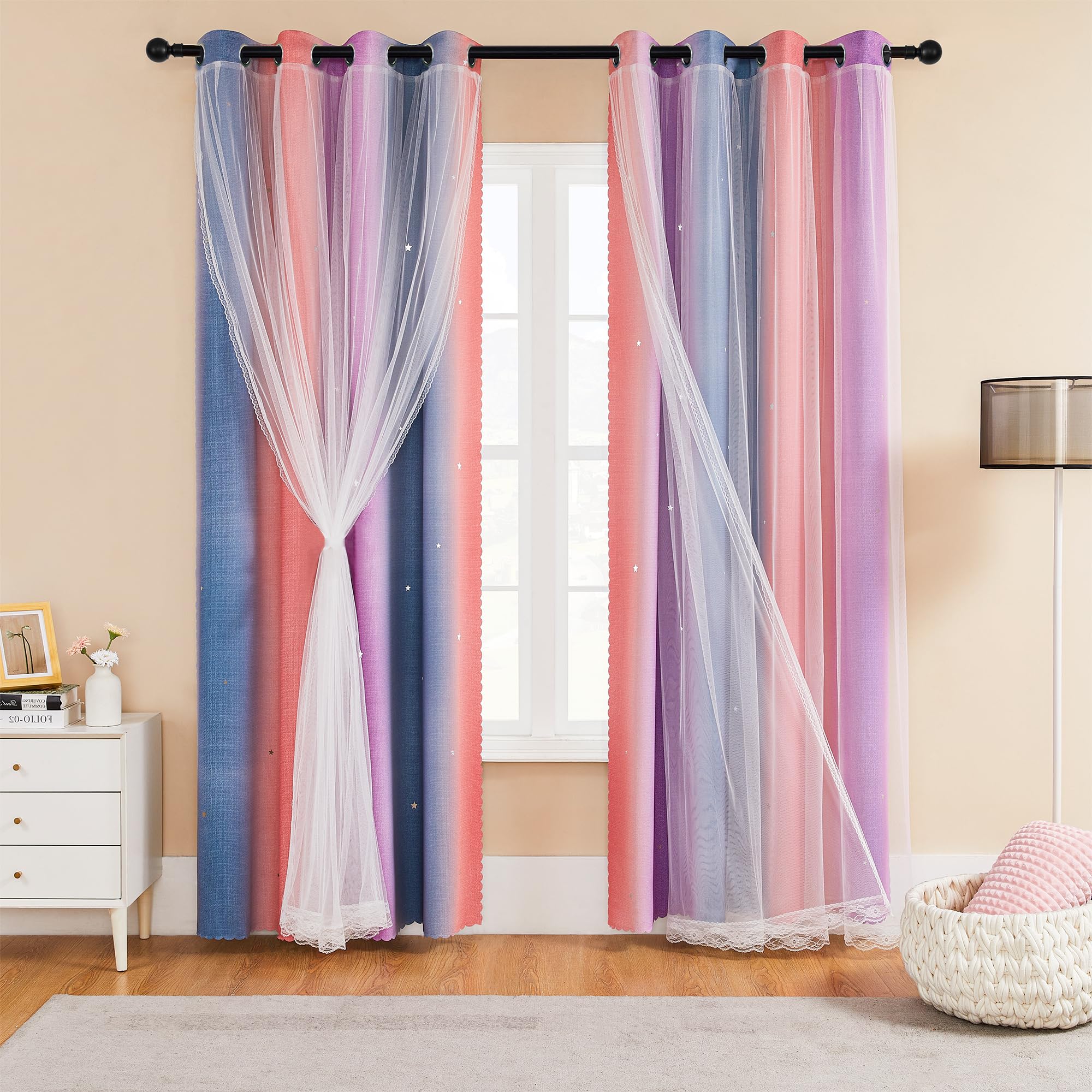 XiDi Girls Blackout Curtains for Bedroom Decor 54 inches Long Window Curtains Colorful Rainbow Design 2 Panel Sets, Kids Room Unicorn Princess Theme Home Decor Ombre Drapes Grey/Pink/Purple W34 X L54