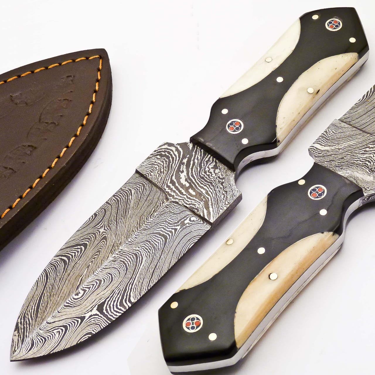 Rare Custom Damascus Dagger Knife Hunting Knife | Outdoor Knife Camping Knife | Black Horn & Camel Bone Handle with Free Genuine Leather Sheath (H-640)