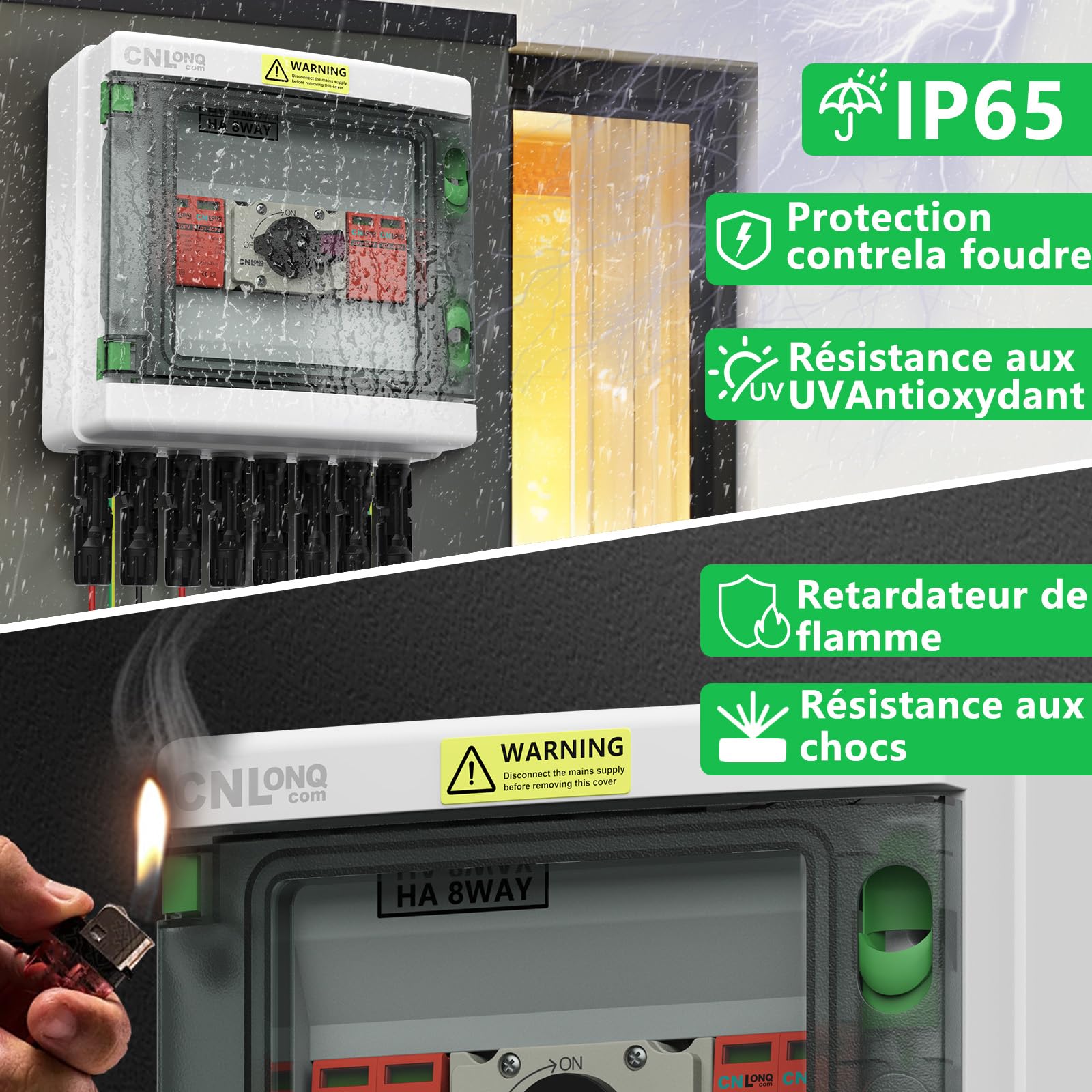 Boîtes de Protection contre la foudre DC1000V 32 Amps 2 Entrées 2 Sorties Isolateur Disjoncteur et Parafoudre, IP65 Boitier de Jonction Solaire Pour Les Panneaux Solaires Extérieurs