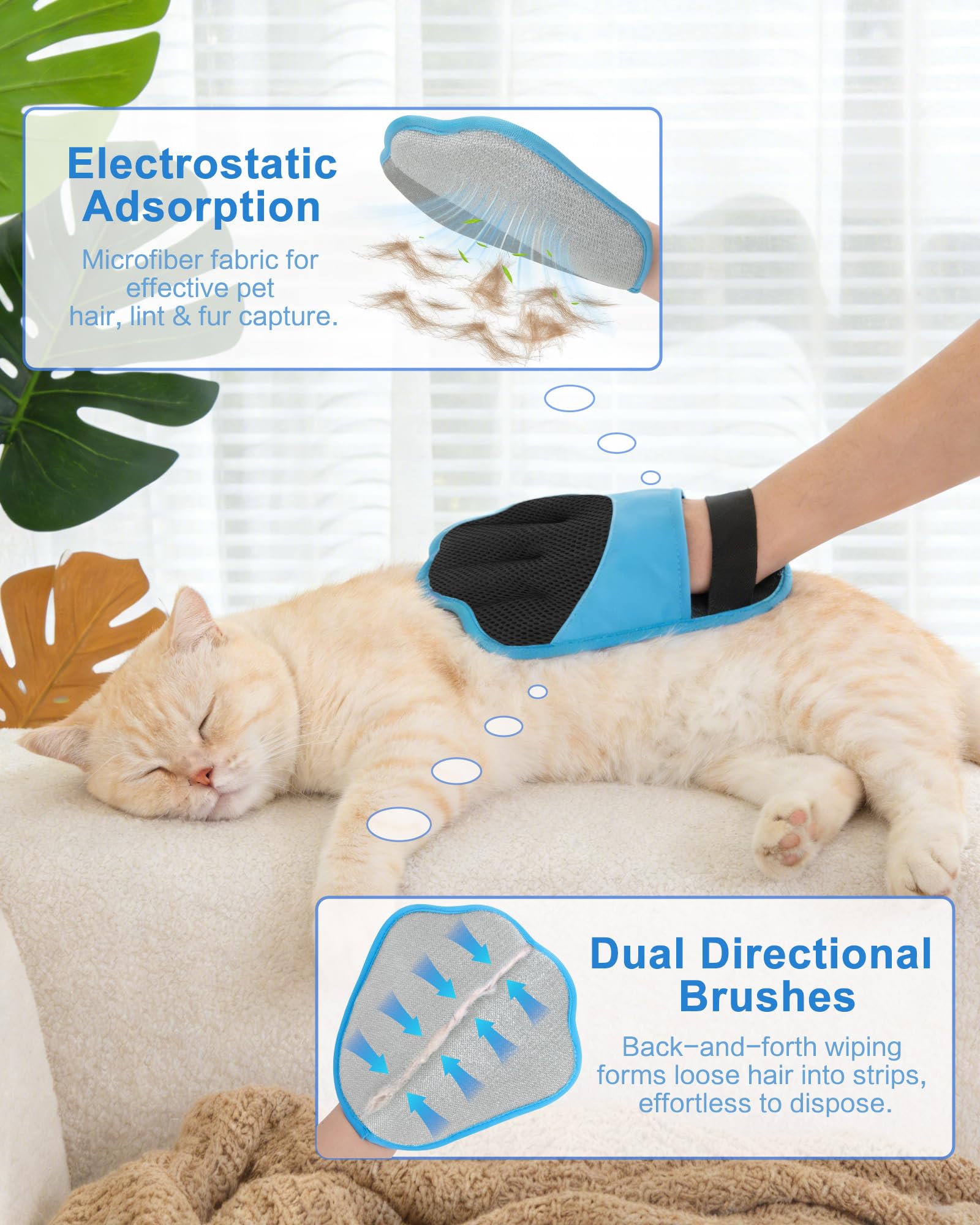 Upgraded Pet Hair Removal Glove, 2 Pair Five-Finger Electrostatic Pet Hair Removal Glove for Cats & Dogs, Reusable Magic Brush for Laundry, Couch, Carpet, Car Seat, Pet Hair Remover Tool (Blue) - 2