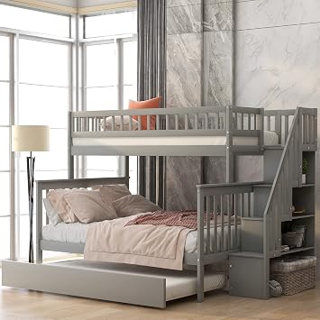 Twin Over Full Bunk Bed with Trundle and Staircase, Solid Wood Bunk Bed with Storage Shelves for Teens Adults Bedroom, No Box Spring Needed, Space Saving Gray-J61
