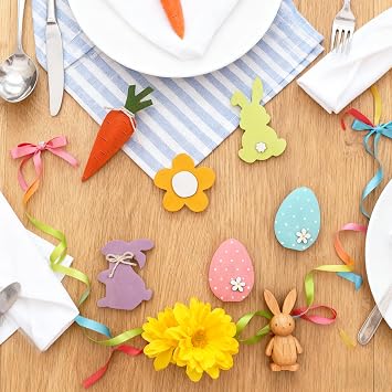 JIALEIXI 6PCS Wooden Easter Decorations, Spring Bunny Rabbit Egg Flower Table Sign, for Home Indoor Party Holiday Summer Farmhouse Decor