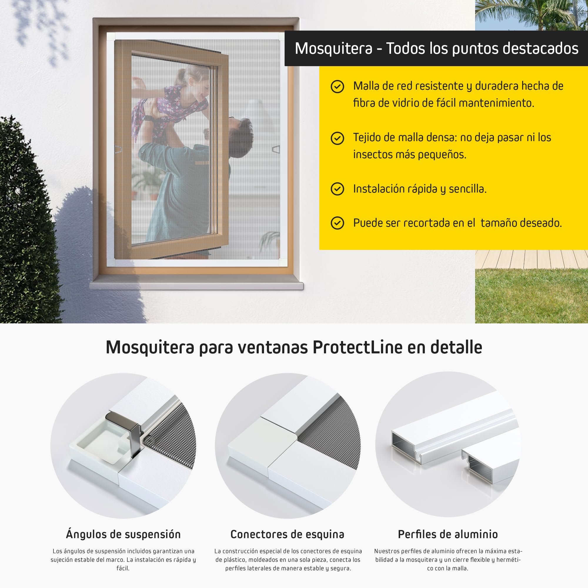 Jalousiescout Protectline Mosquitera para Ventana, Marco de Aluminio, Malla de Fibra de Vidrio Duradera, Instalación Fácil, Ajustable para Protección Contra Mosquitos, 100 x 120 cm, Blanco