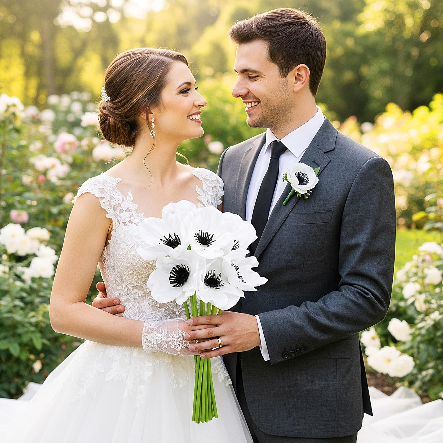 Artificial White Flower, 36 PCS Black and White Flowers, 11 Inch Silk Anemone Flower, Stems PU Real Touch Fake Flowers for Wedding Memorial Day Centerpiece Home Kitchen - Image 5