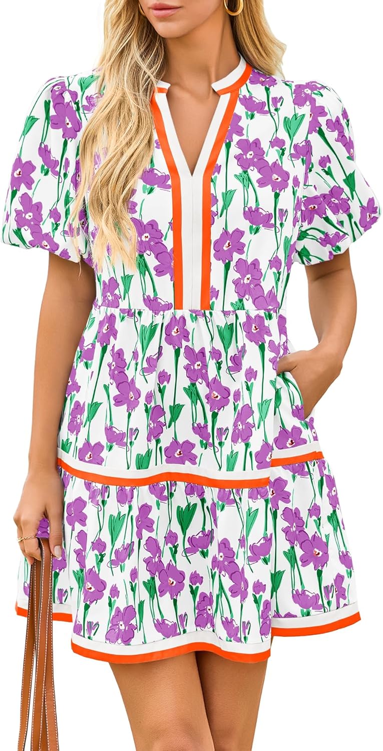 Cicy Bell Womens V Neck Floral Mini Dress Short Puff Sleeve Patchwork Summer Casual Boho Dresses