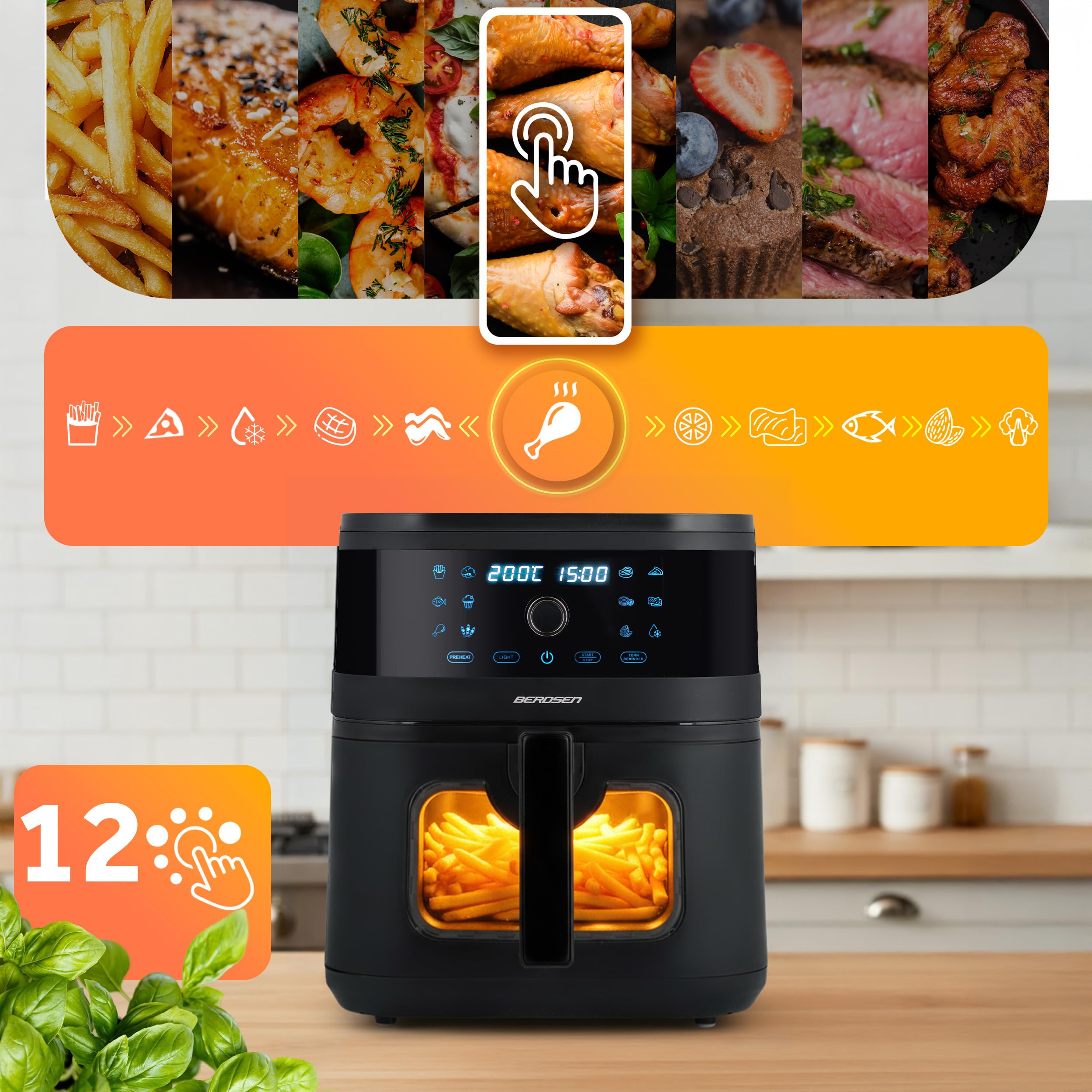 Berdsen Frytkownica Beztłuszczowa XXL 8L - Airfryer z Okienkiem i Ekranem Dotykowym - 1700W - 12 Programów - Zdrowo bez Tłuszczu - Czarna
