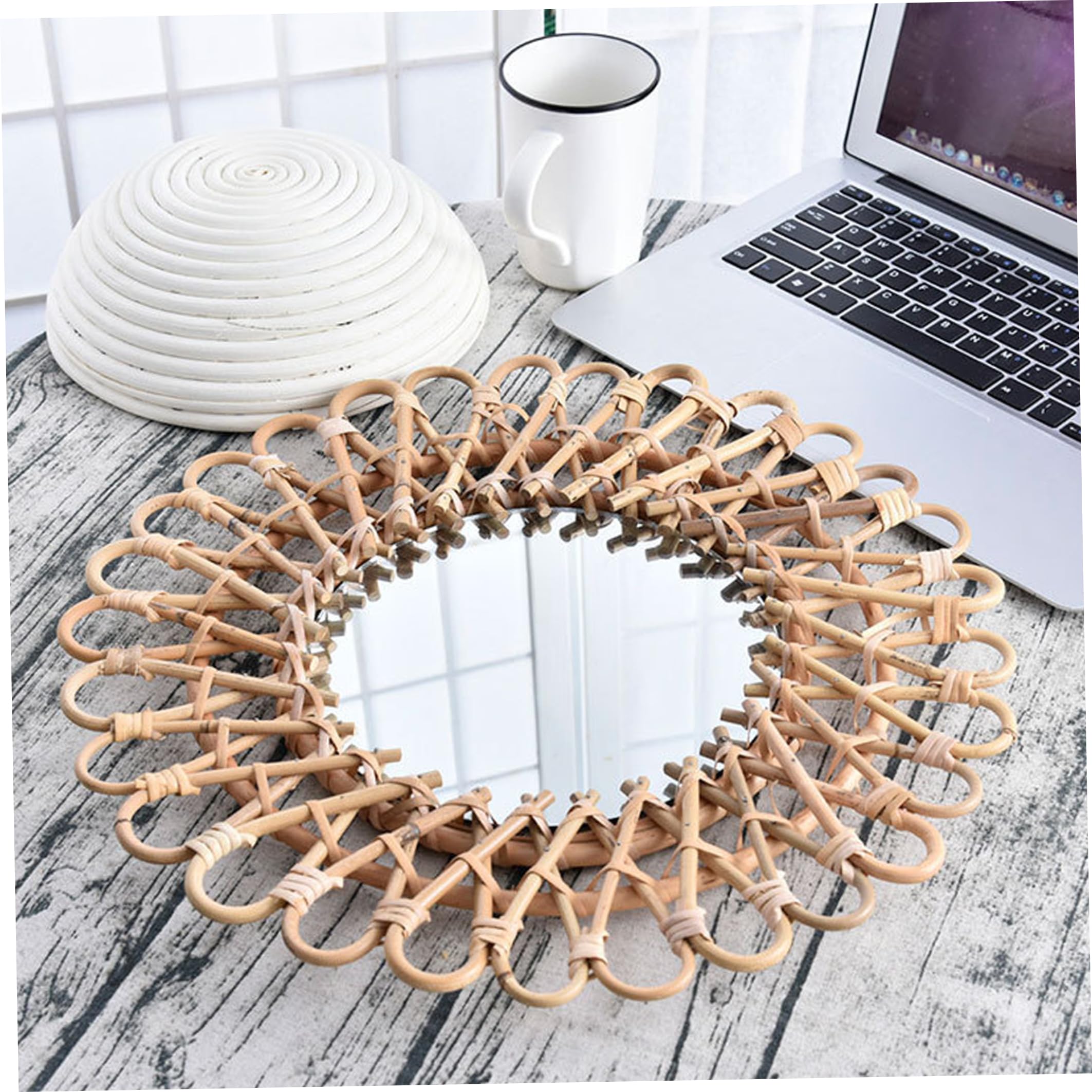 Specchio in rattan intrecciato a mano, arredamento per la camera Boho kaki Arredamento per la camera Boho Specchio decorativo in vimini