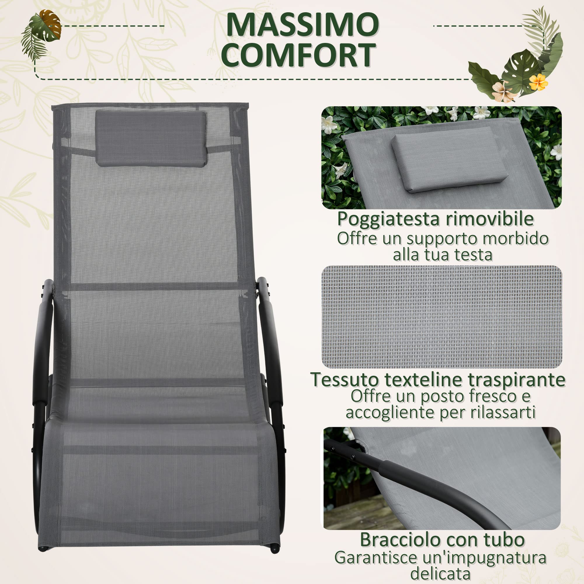 Outsunny Sdraio a Dondolo Gravità Zero per Esterno e Interno, Sdraio Relax in Metallo e Lettino Ergonomico in Texteline, Grigio