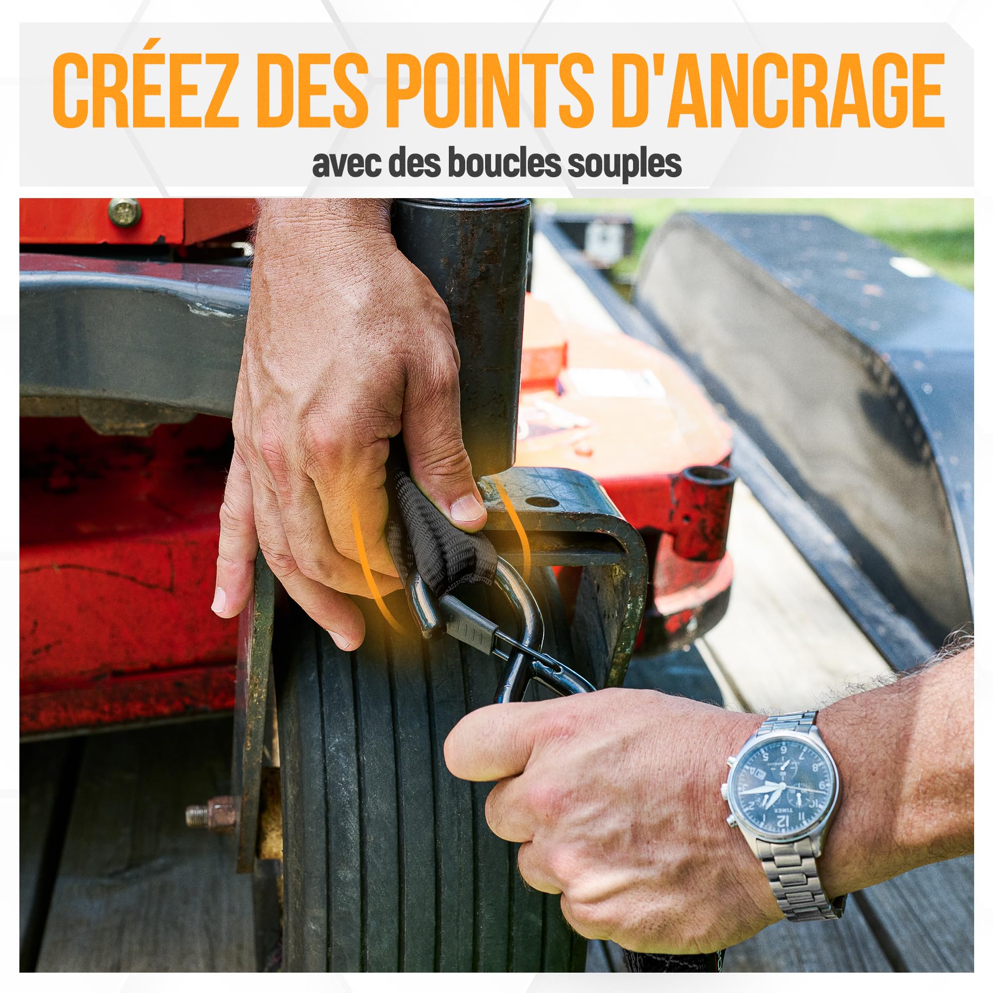 FORTEM Sangle a cliquet, Sangles d'arrimage à cliquet 4x4,5 m (Résistance 2362 kg), Sangle demenagement, Moto, remorque, Camion, 4 Boucles Souples, Crochets Métal Enduit, Sac inclu