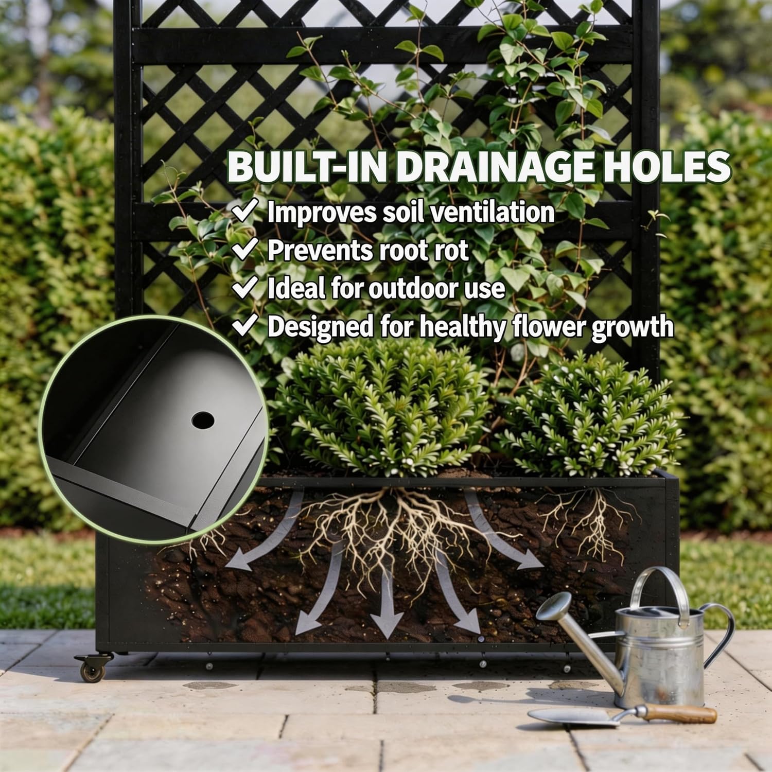 Privacy Planters for Patio, 73" Ornamental Metal Planter Box with Trellis & Locking Wheels, Scrollwork Arch Raised Garden Bed for Climbing Plants Roses Vines, Outdoor Flower Box with Drainage
