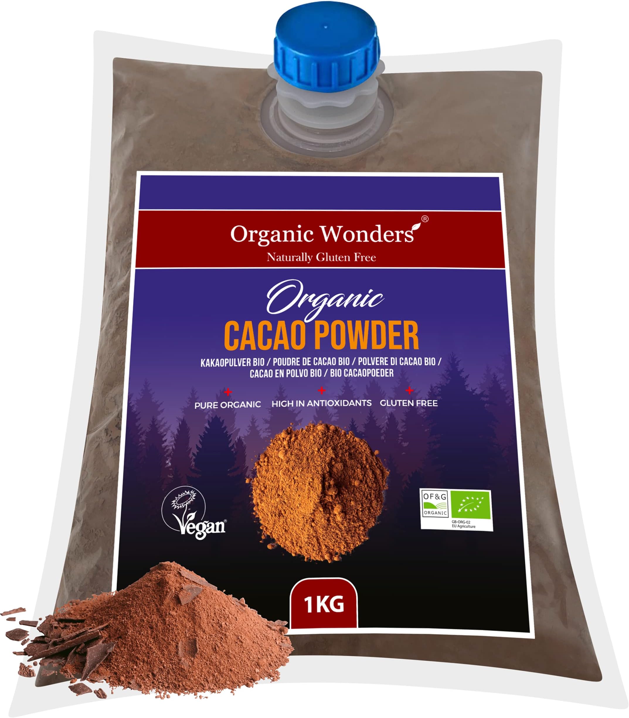 Organic Cacao Powder (1kg) | Ceremonial Grade | Low Cadmium, Pure Magnesium, Potassium & Maganese | Tropical Theobroma | Vegan | Perfect For Baking & Hot Chocolate By Organic Wonders®