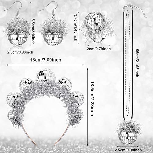 Miniatura 3 de Tudomro Juego de 5 piezas de accesorios de discoteca de los años 70 para mujer, juego de aretes de bola de discoteca, diadema, anillo y lentes de