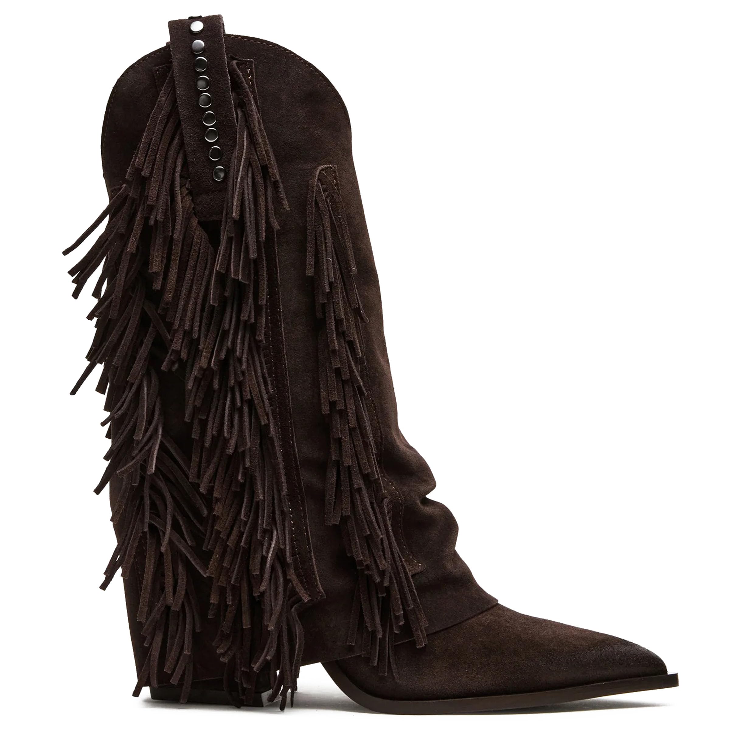 Fringe Cowboy Boots for Women Suede Fold Over Cowgirl Boots Pointed Toe Chunky Heel Mid Calf Boot Pull