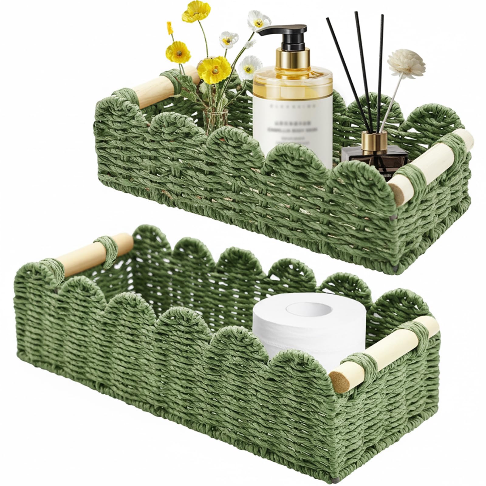 Yiomxhi 2 Pcs Wicker Storage Baskets, Woven Organizer Bins with Wooden Handles, Rope Scalloped Edge Toilet Paper Baskets for Bathroom, Shelf, Kitchen, Pantry, Countertop, Home Decor (Green)