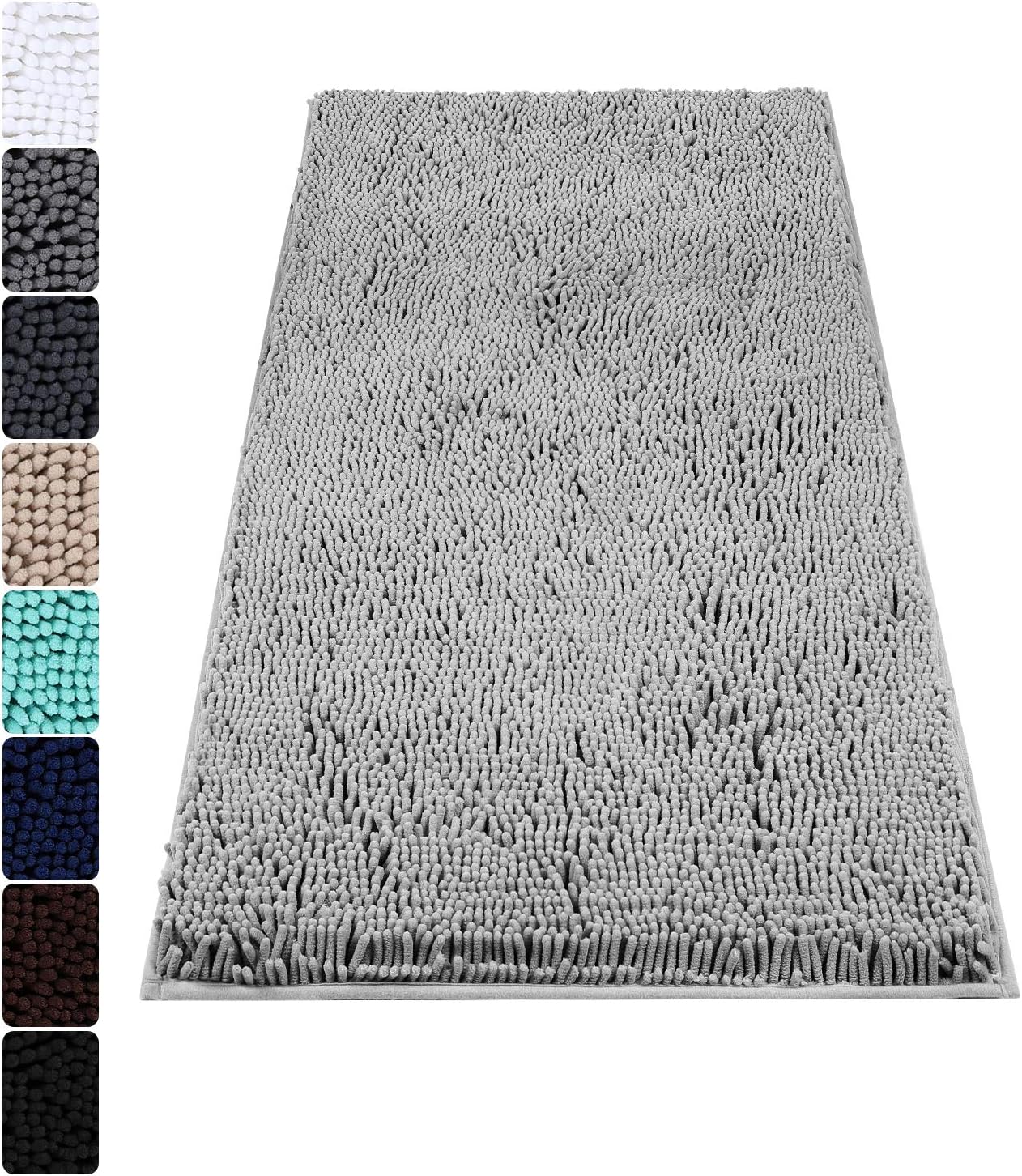 Colorxy Luxury Chenille Bathroom Rugs - Solid Shaggy Washable Bath Mat Non Slip Bath Room Mat, Ultra Soft, Plush Bathmat for Bathroom Shower with Water Absorbent Carpet Rug, 20''x32'', Light Grey